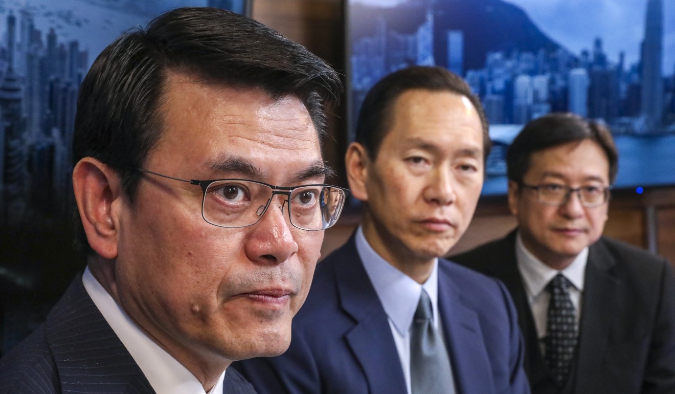 Secretary for Commerce and Economic Development Edward Yau (left), Executive Council convenor Bernard Chan and Law Society vice-president Chan Chak-ming at the SCMP offices in Causeway Bay. Photo: Nora Tam