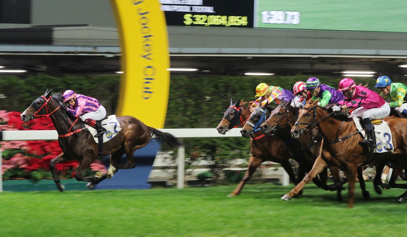 Dor Dor hits the line strongly to win under Alexis Badel at Happy Valley on Thursday night.