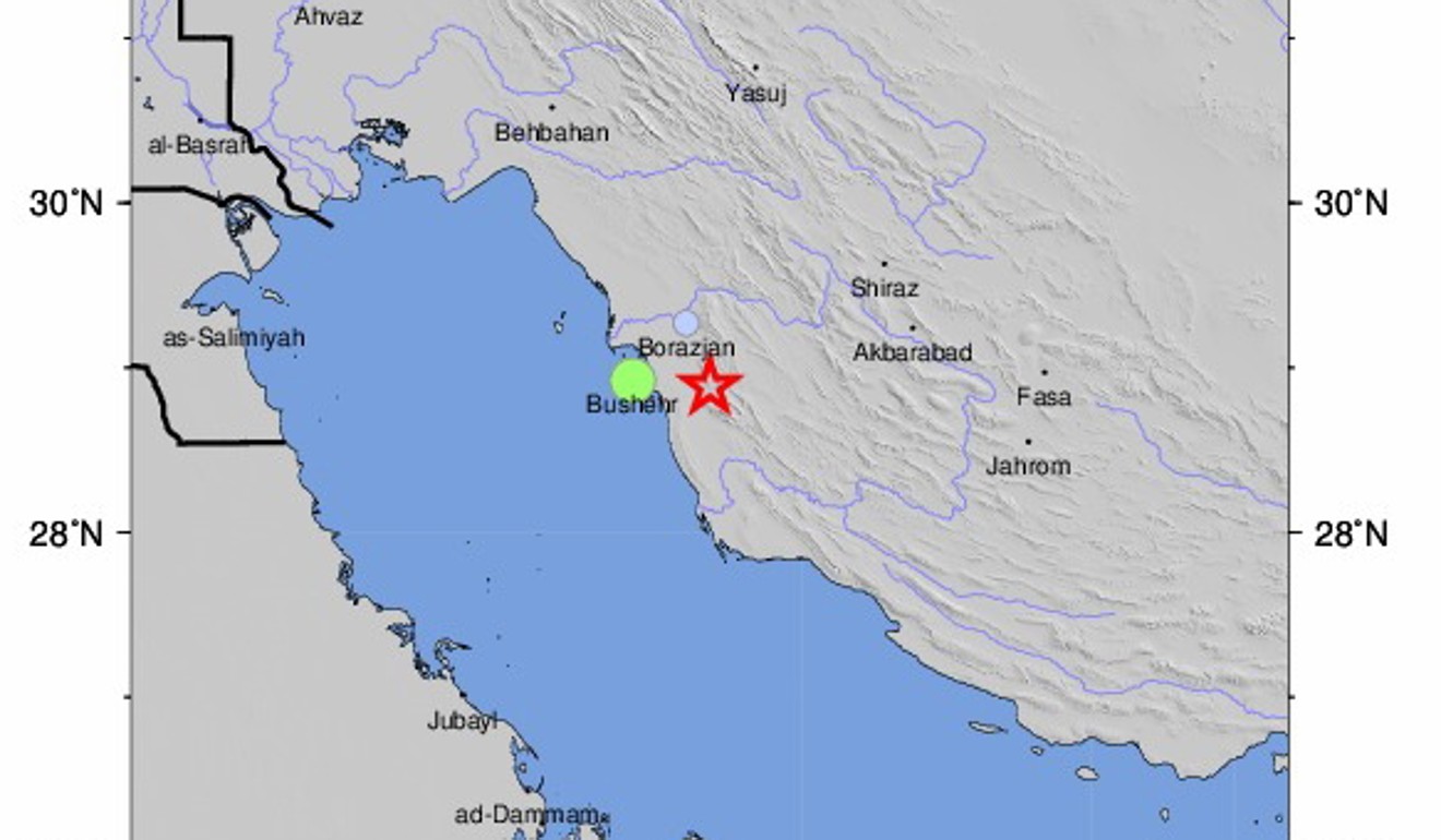 A US Geological Survey (USGS) image shows an intensity shake map of a 5.1-magnitude earthquake near Bushehr, Iran. Photo: EPA-EFE
