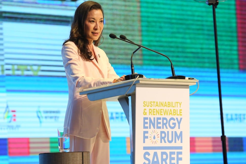 Malaysian actress Michelle Yeoh, who is a UN Development Programme goodwill ambassador, gives the keynote speech at the SAREF 2019 held in Kuching, Malaysia.