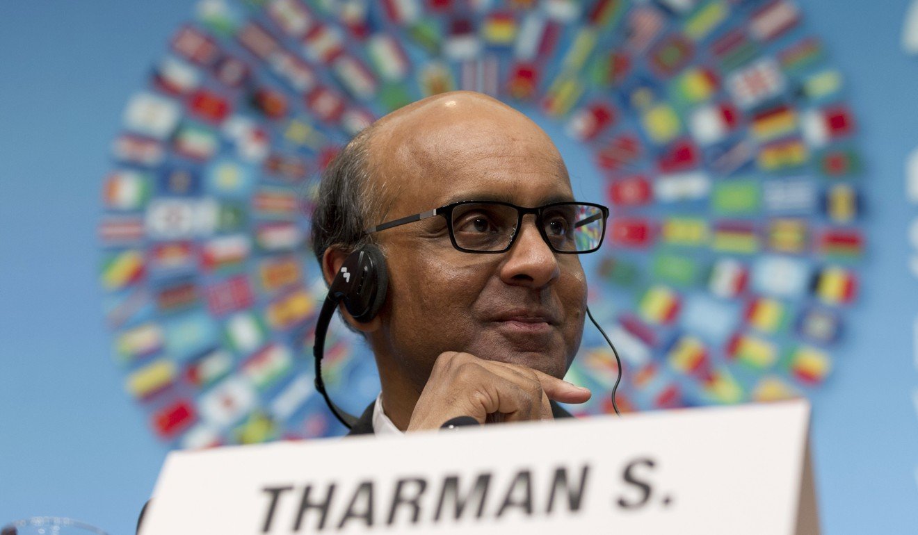 Singapore’s Deputy Prime Minister Tharman Shanmugaratnam, who was then serving as International and Monetary Financial Committee chair and Singapore’s finance minister, listens to a question during a news conference at the World Bank-International Monetary Fund spring meetings in Washington in April 2014. Photo: AP Photo