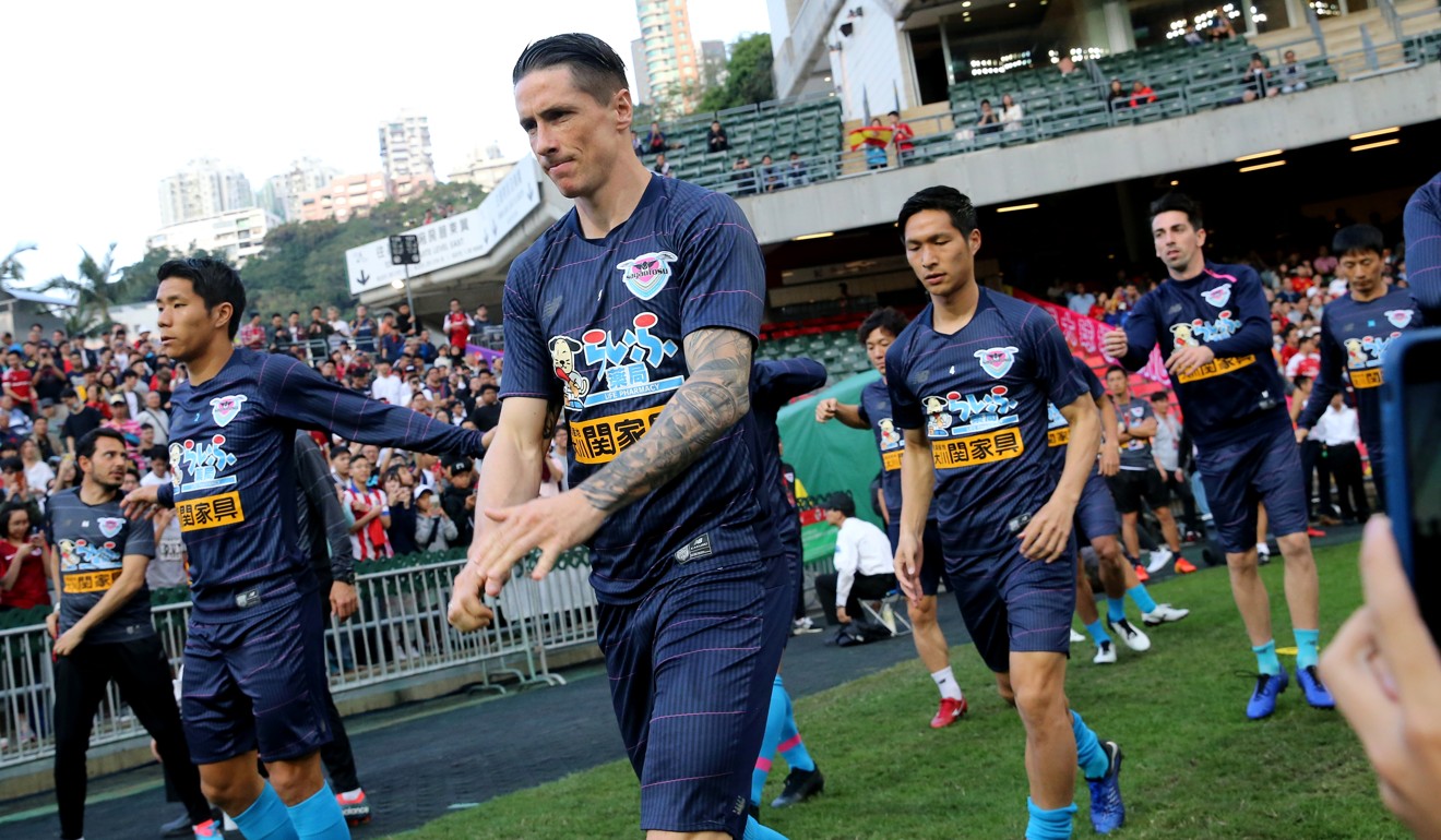 Spanish striker Fernando Torres (centre) of Japan’s Sagan Tosu takes to the field for the 2019 Lunar New Year Cup at Hong Kong Stadium. Photo: Dickson Lee