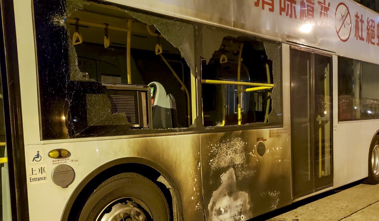 A double-decker bus was hit by a petrol bomb at a Tuen Mun depot. Photo: Handout