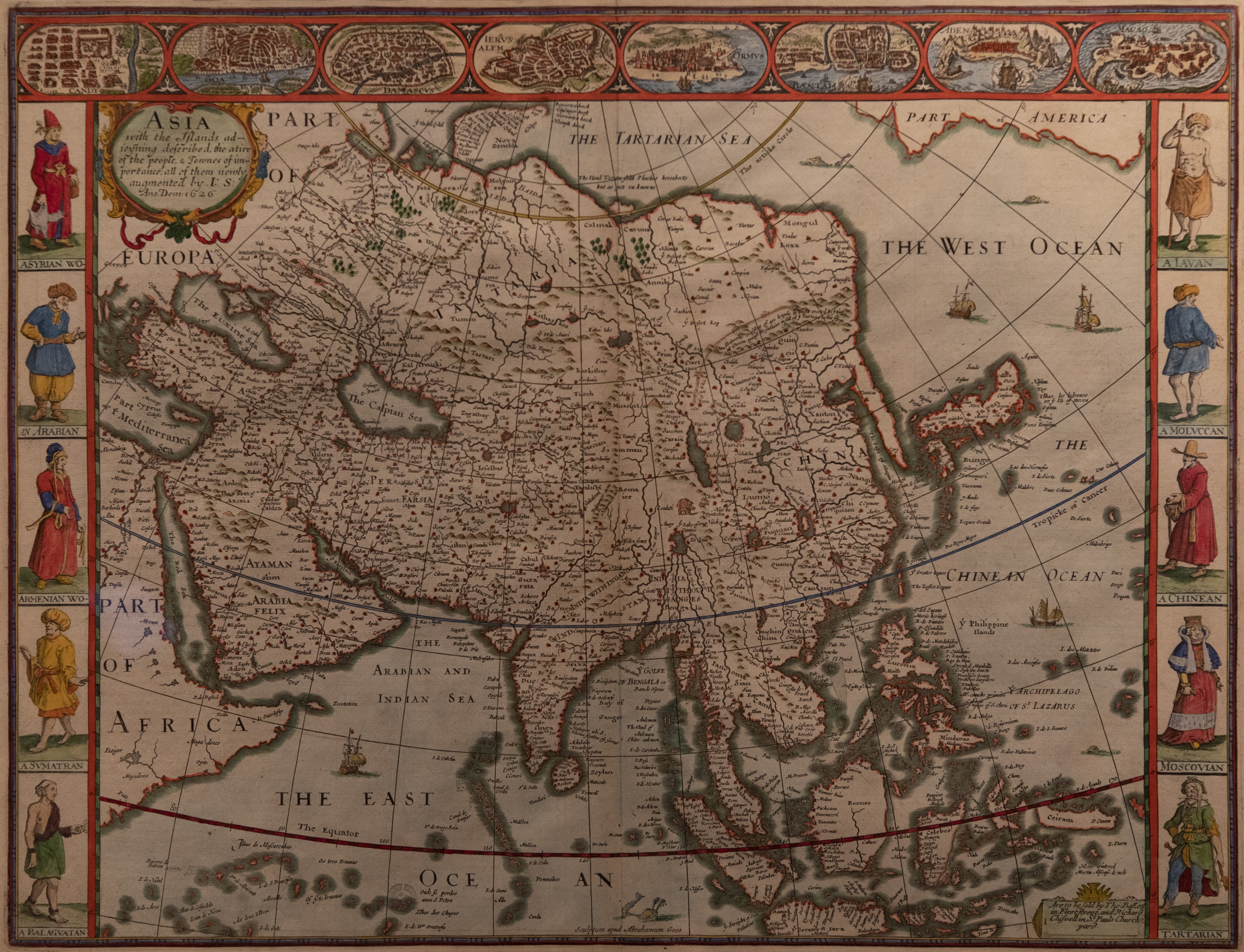 A map by Englishman historian and cartographer John Speed, published n 1676 in eluding depictions of indigenous people, including a Chinese (Chinean) at the Hong Kong Maritime Museum as part of an exhibition called “The World on Paper: From Square to Sphericity”. on December 27, 2019. 27DEC19 [03JANUARY2019 FEATURES] SCMP / Antony DICKSON