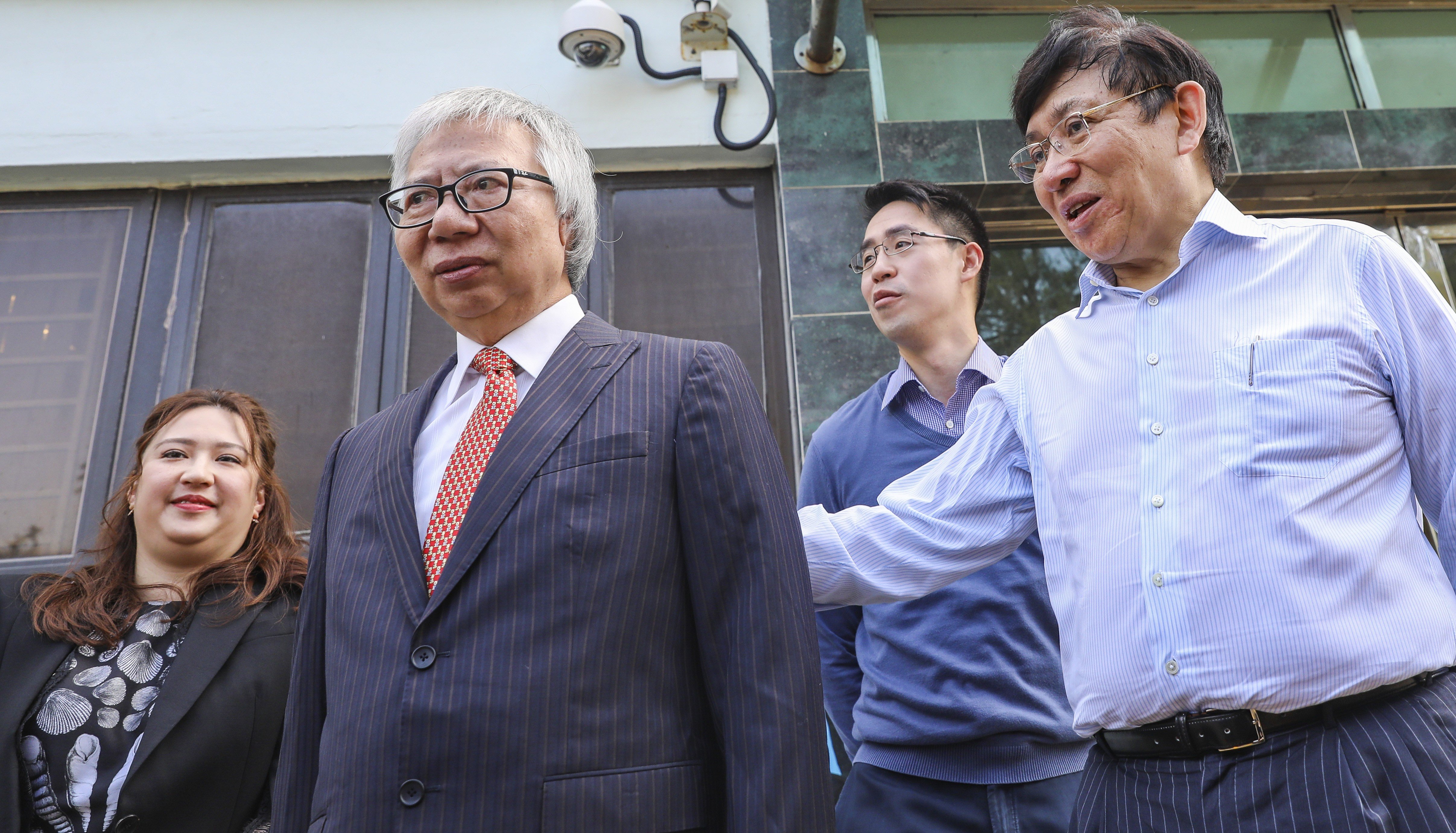 Hong Kong property tycoon Thomas Kwok Ping-kwong (left) is accompanied by his daughter Noelle Kwok, son Adam Kwok Kai-fai and brother Raymond Kwok Ping-luen (right) after his release from Stanley Prison in March 2019. Photo: Sam Tsang