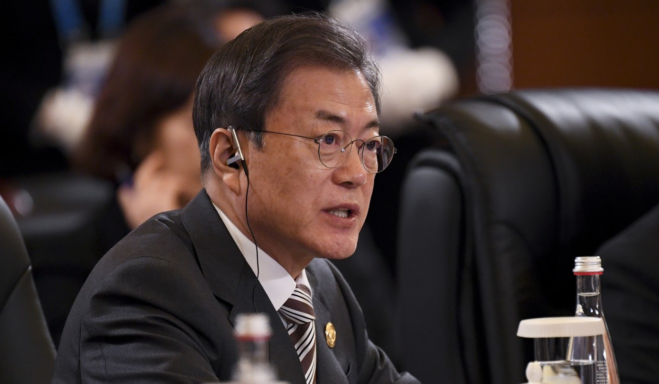 South Korea’s President Moon Jae-in speaks at the Sichuan meeting. Photo: AP
