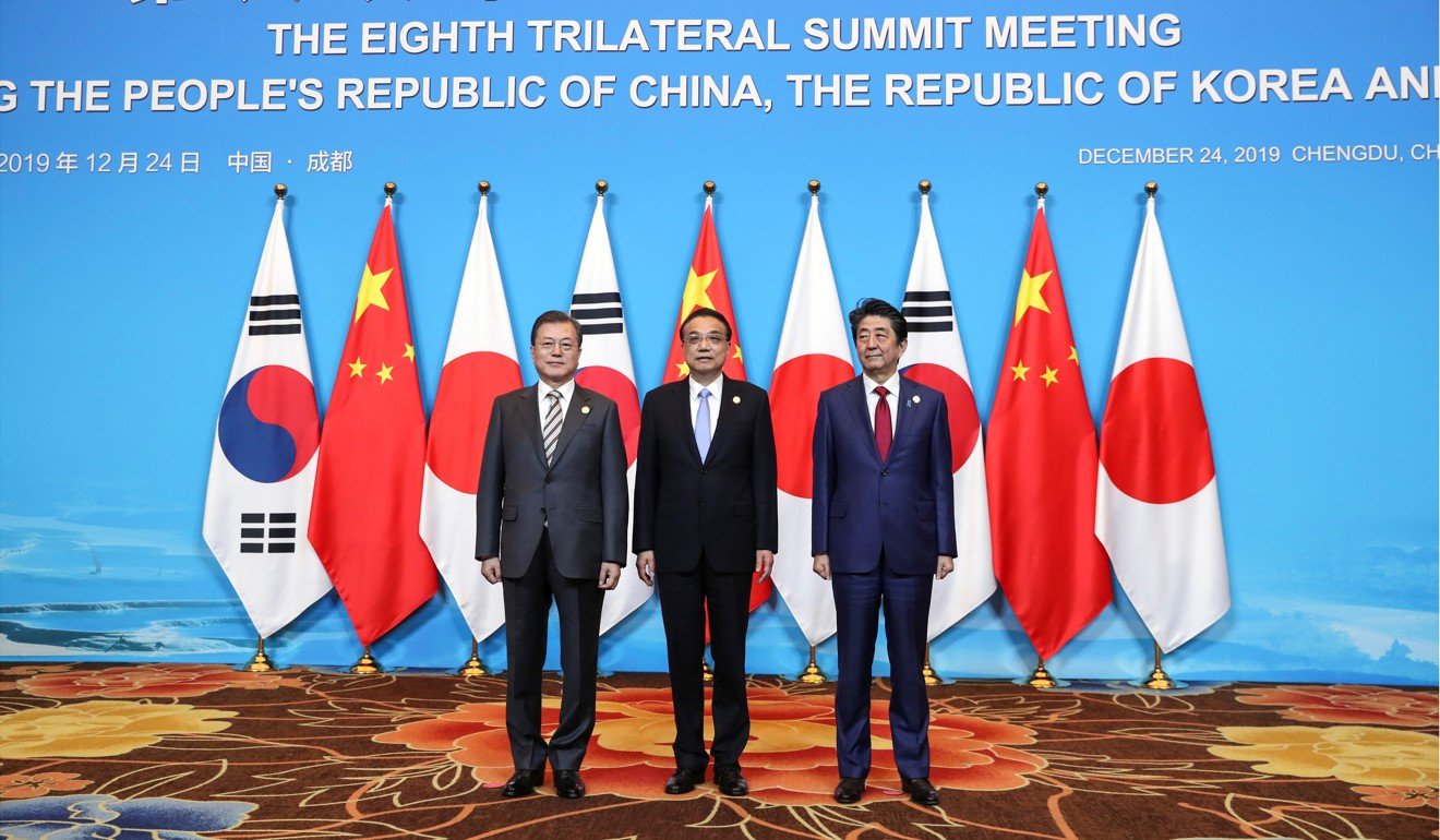 South Korea’s President Moon Jae-in, China’s Premier Li Keqiang and Japan’s Prime Minister Shinzo Abe pose in front of flags ahead of the 8th trilateral leaders’ meeting. Photo: Reuters