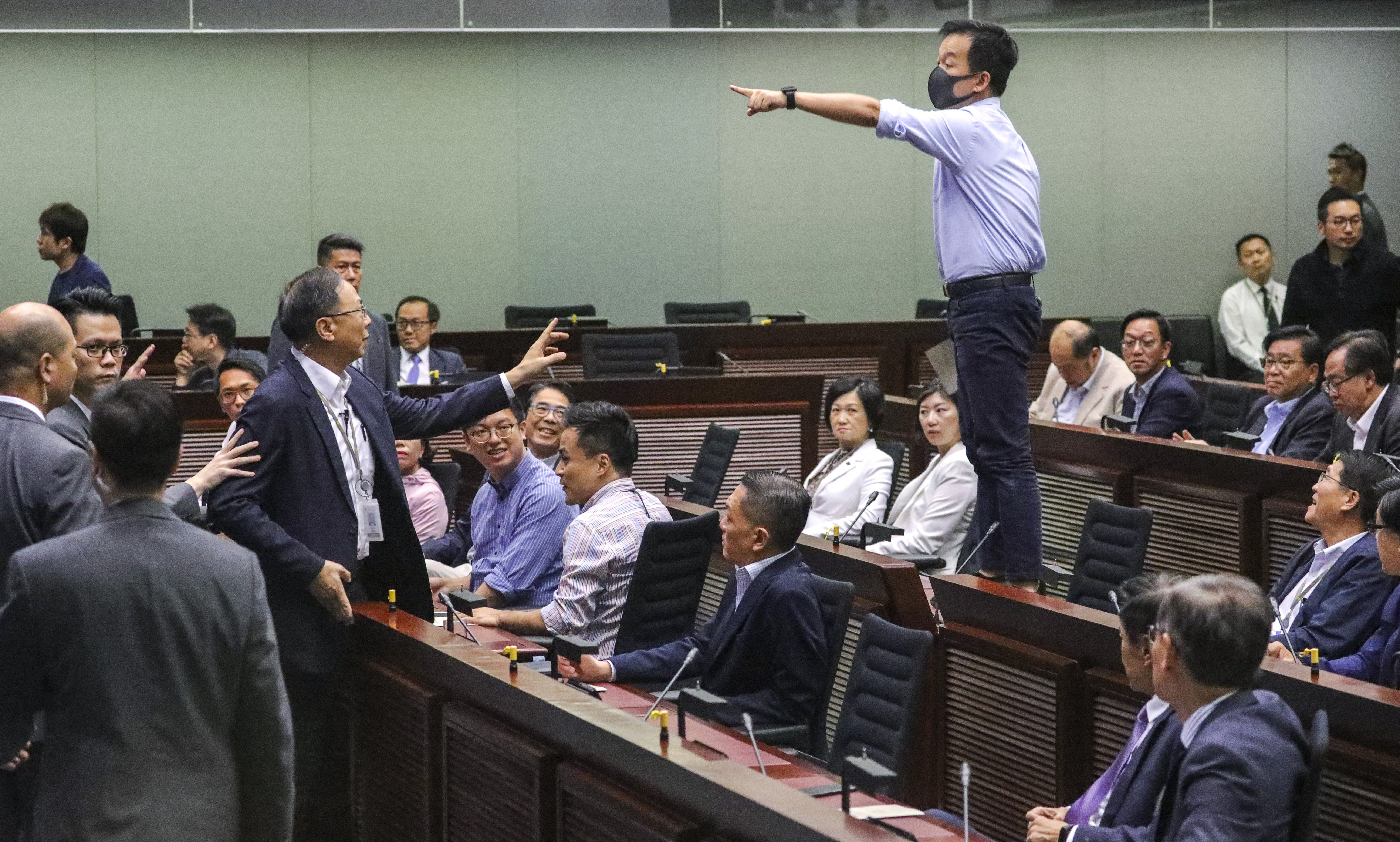 Lawmaker Raymond Chan Chi-chuen (right) takes a strong stand during the election of the chairman of the Legislative Council’s finance committee on October 14. Across two days, pro-democracy lawmakers raised repeated procedural questions and tried to delay the proceedings. Photo: May Tse