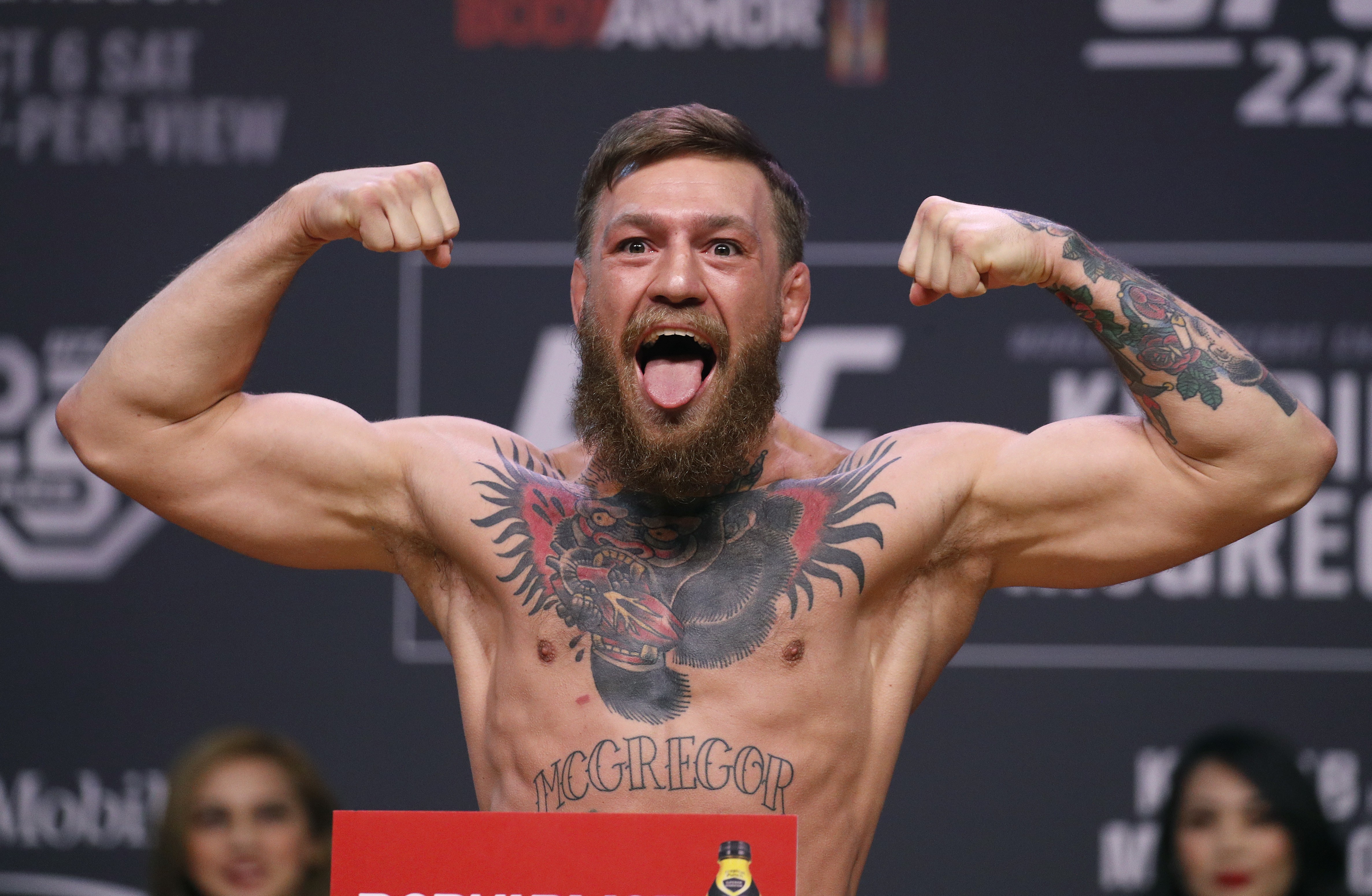 Conor McGregor poses during a ceremonial weigh-in for UFC 229. Photo: AP