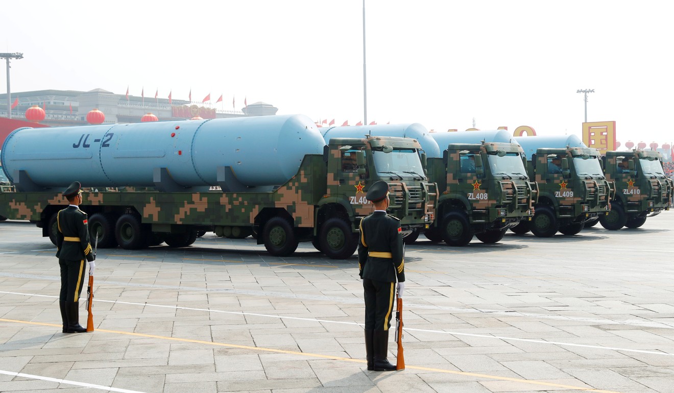 JL-2 submarine-launched ballistic missiles on display at military parade in Beijing. Photo: Reuters