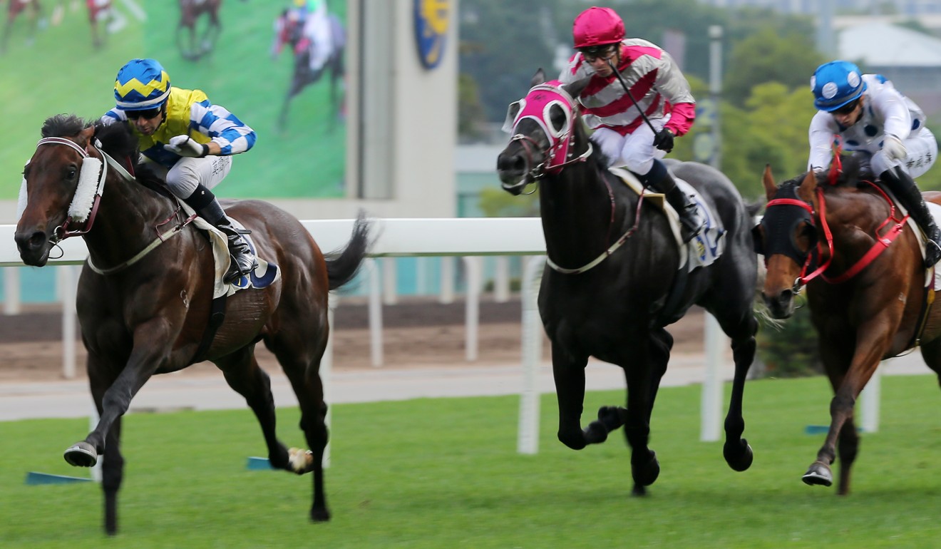 Enjoying (middle) runs on into third behind Chefano at Sha Tin on Sunday.