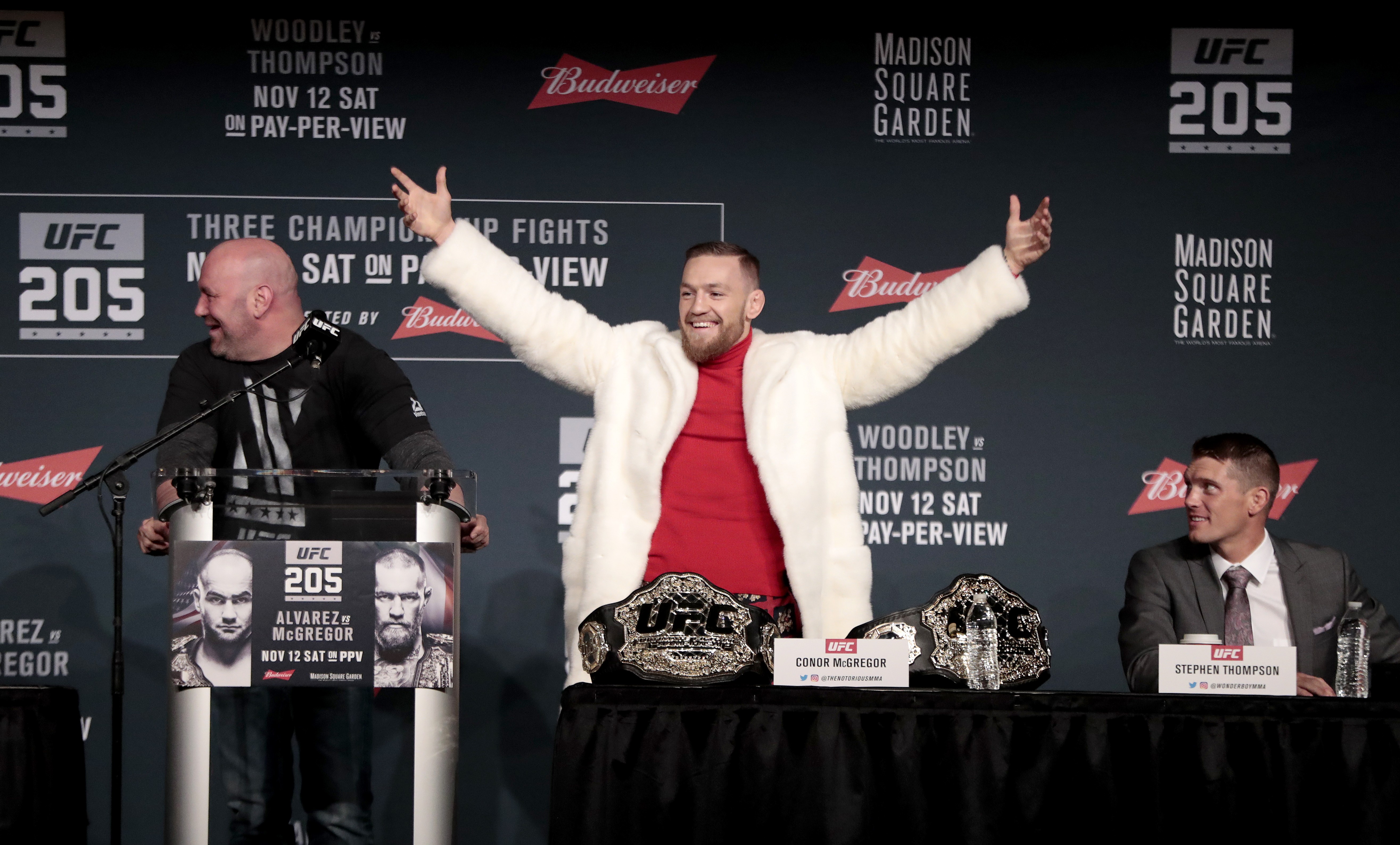 Conor McGregor arrives late at a pre-fight press conference in 2016. Photo: AP