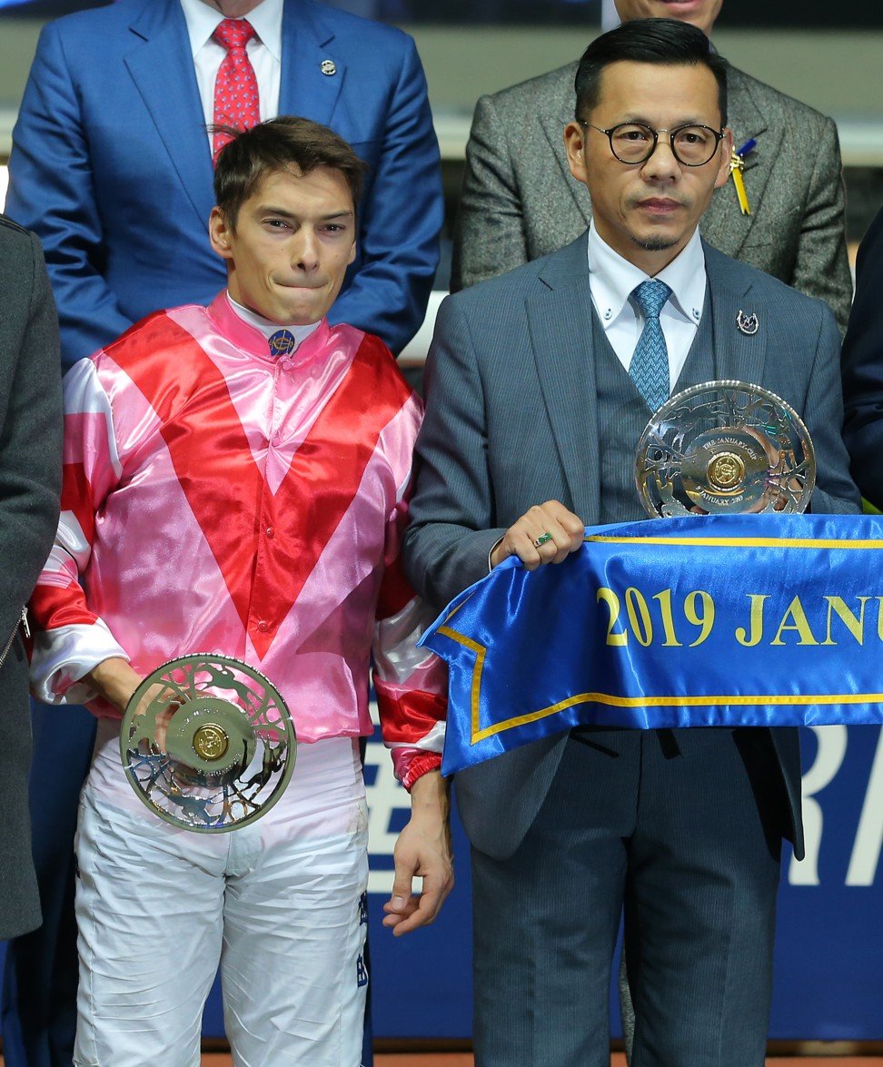 Alexis Badel with trainer Frankie Lor after Simply Brilliant’s victory at Happy Valley.