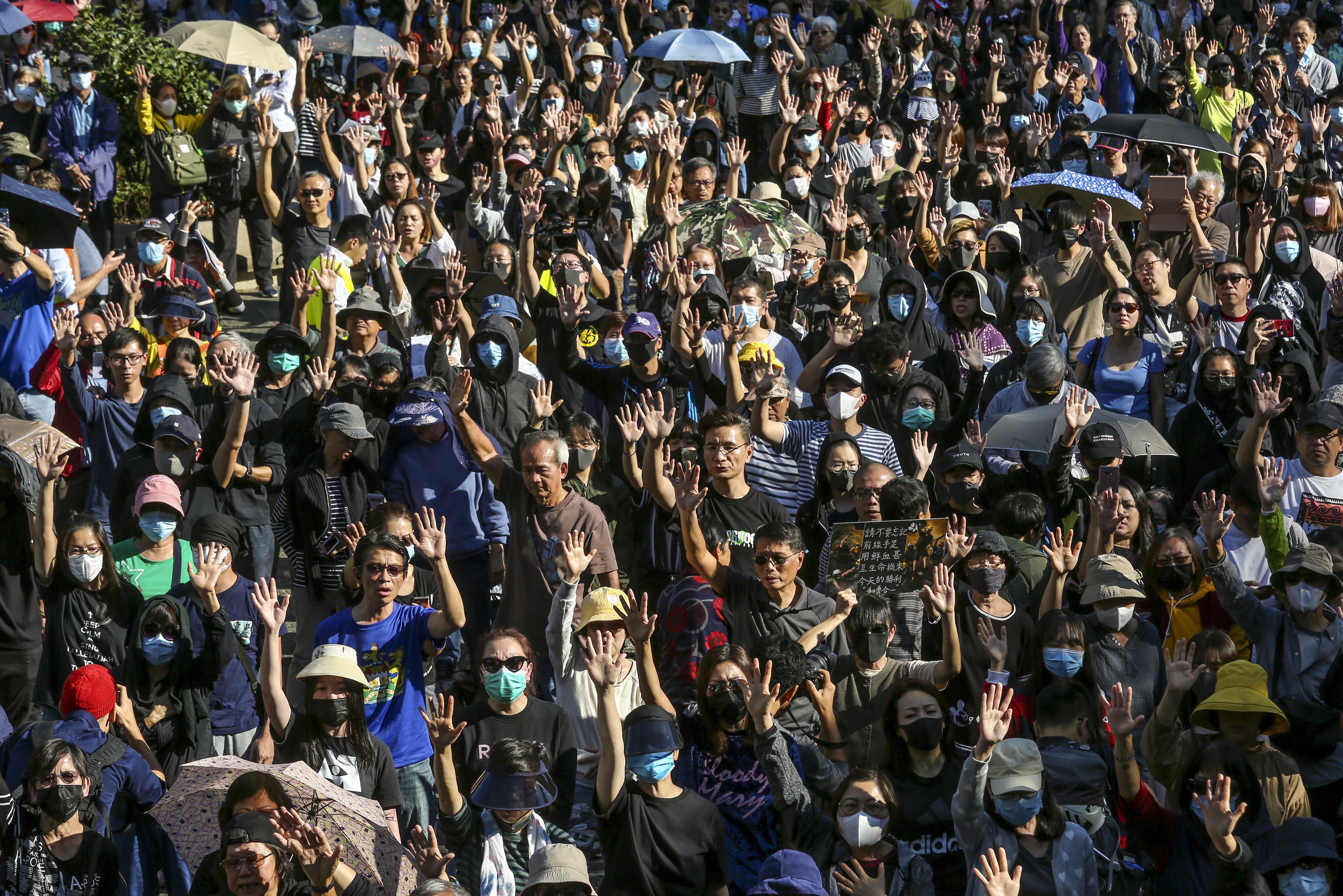 Secondary students and elderly residents gather at Chater Garden in Hong Kong’s Central business district for a demonstration on November 30. Photo: Jonathan Wong