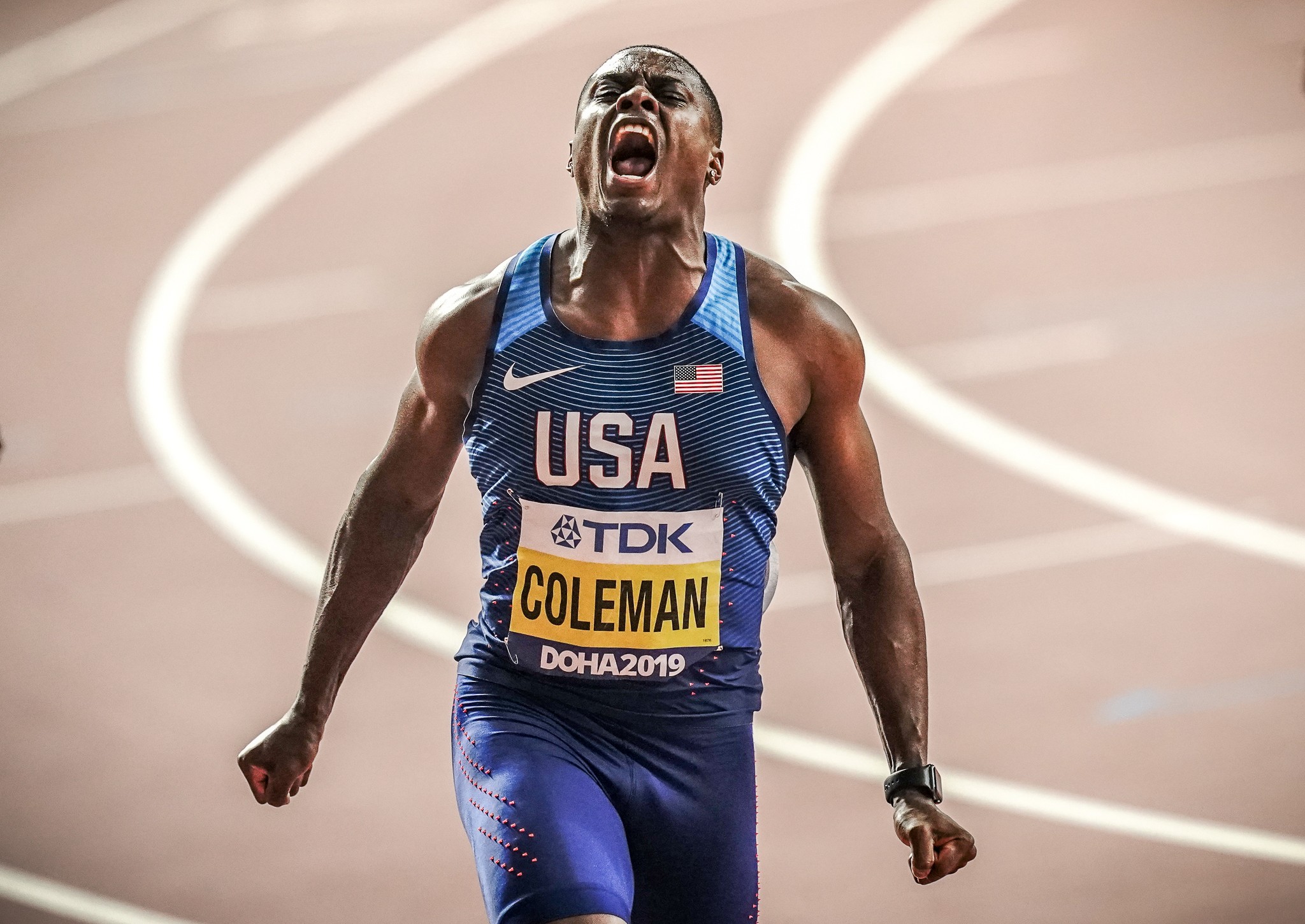 Christian Coleman celebrates victory in the 100m final at the 2019 IAAF World Athletics Championships. Photo: DPA