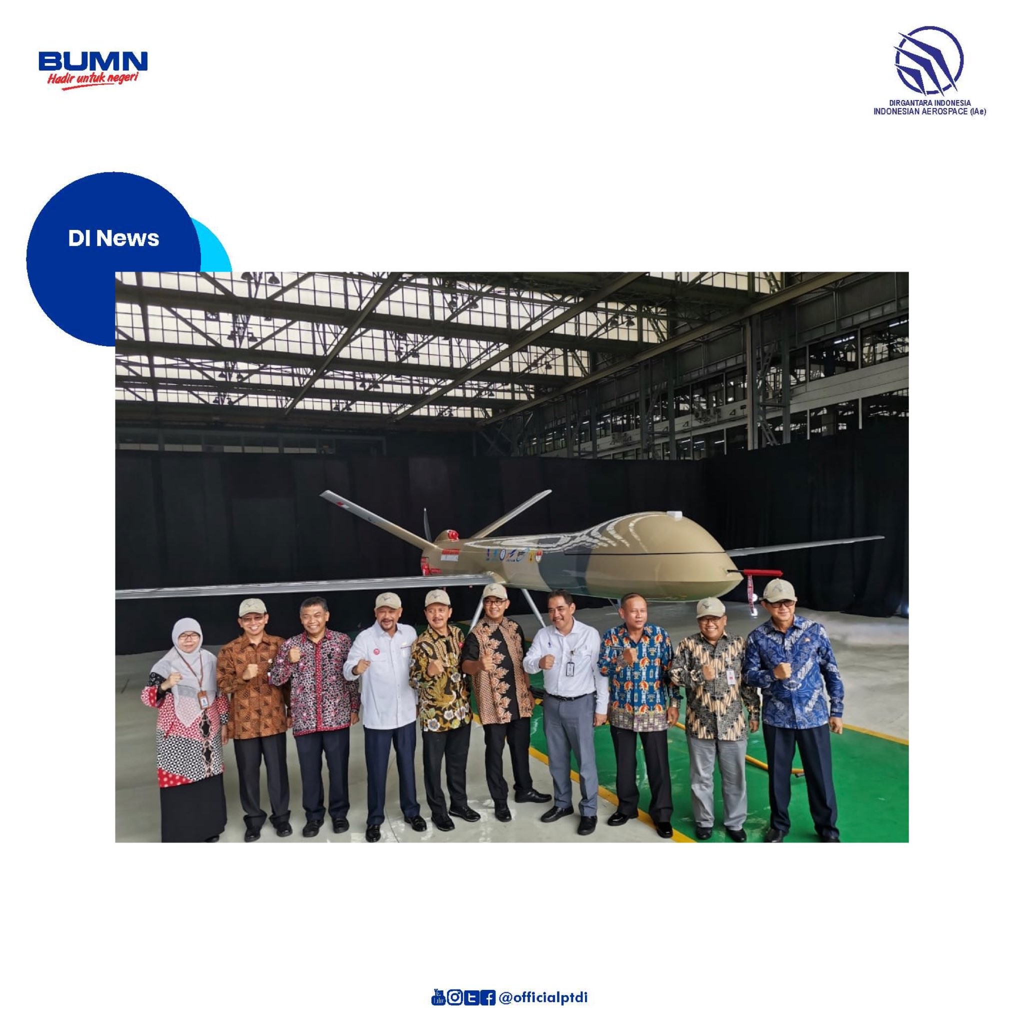 Officials attend weapons producer PT Dirgantara Indonesia's roll-out of a prototype of the MALE unmanned aerial vehicle, or UAV. Photo: Twitter