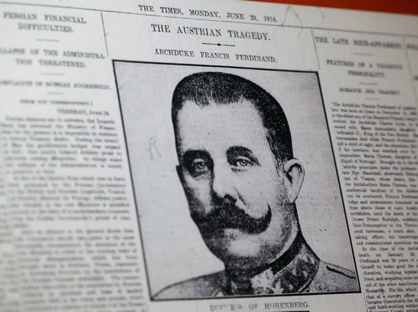 This April 4, 2014, photo shows a reproduction of a London newspaper front page from 1914, which writes about the assassination of Archduke Franz Ferdinand, on display at the National World War I Museum in Kansas City in the US. Photo: AP