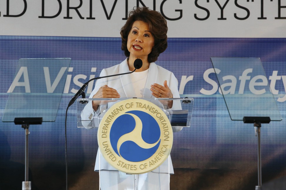 US Transportation Secretary Elaine Chao announced proposed new guidelines for self-driving vehicles that rely on voluntary standards in a speech at the CES trade show in Las Vegas on January 8. Photo: AP