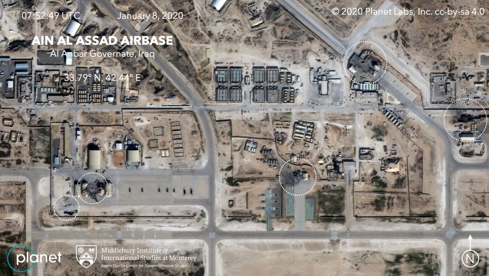 A satellite image shows damage to the Al-Asad airbase in Iraq. Image: Planet Labs/MIIS via AFP