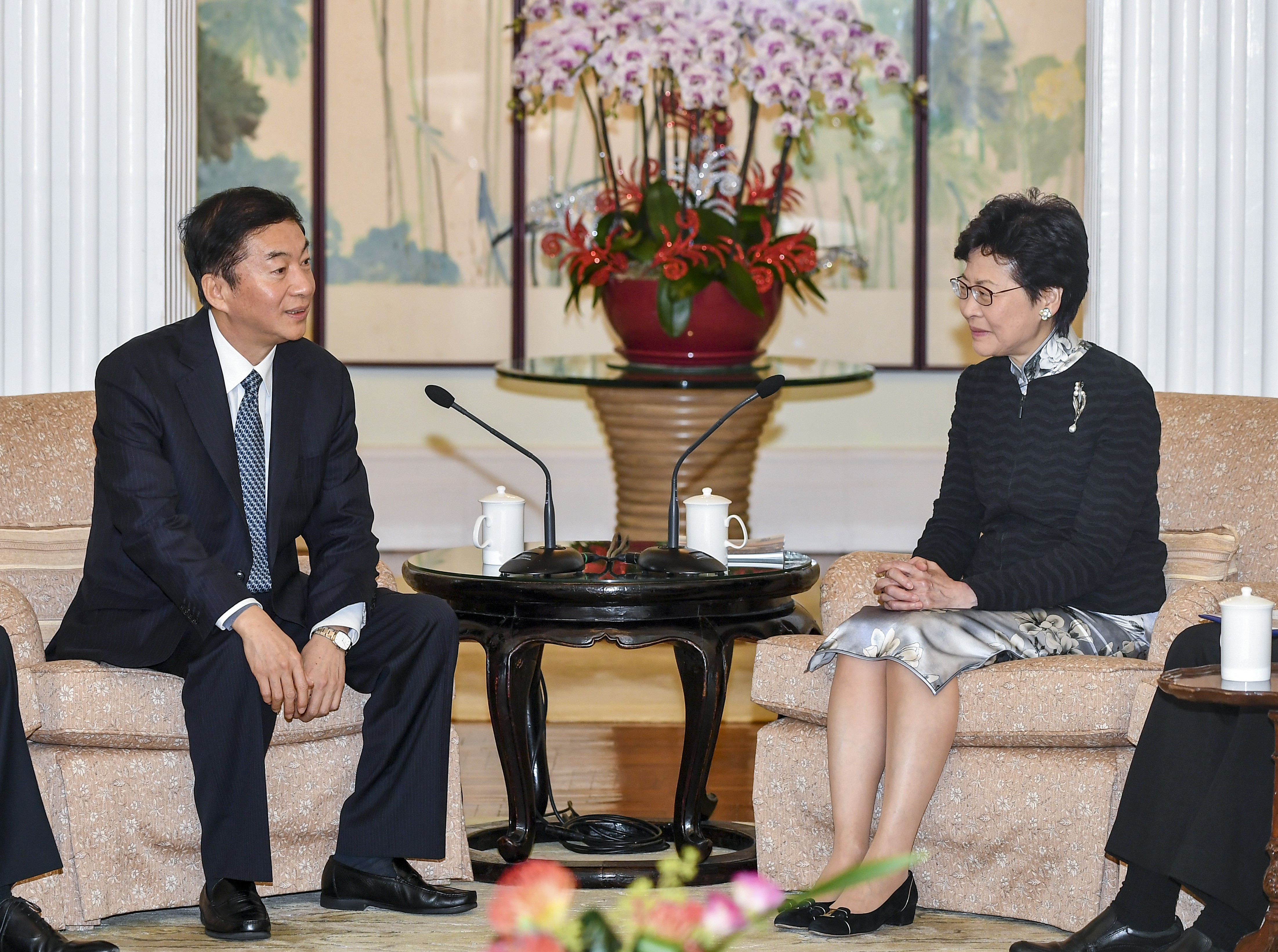 Chief Executive Carrie Lam meets Luo Huining, then secretary of the Communist Party’s Shanxi provincial committee, at Government House on December 3. Luo has been appointed director of the central government’s liaison office in Hong Kong. Photo: Information Services Department