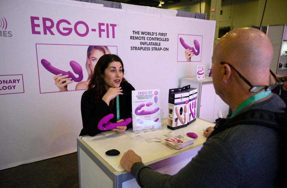 An Ergo-Fit representative talking about the Ergo-Fit sex toy at CES 2020. Photo: AFP