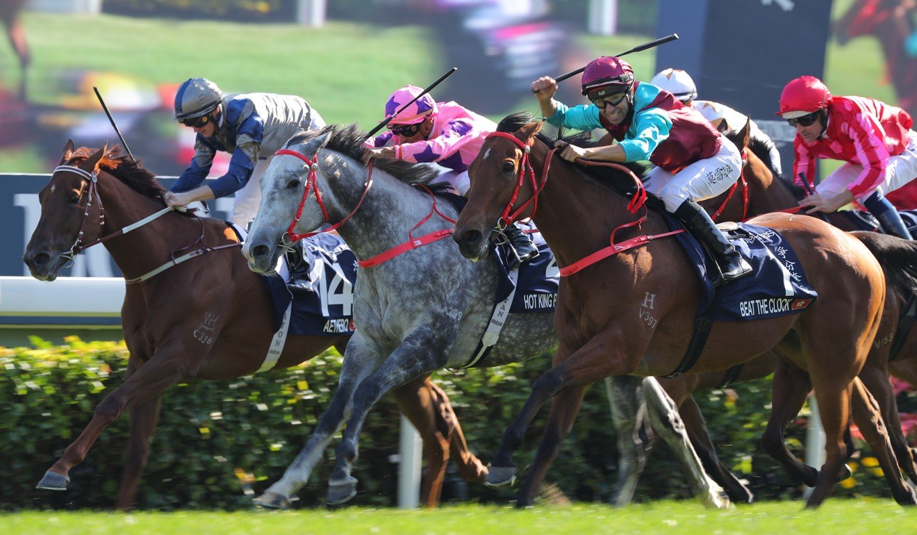 Aethero (left) finishes third to Beat The Clock (right) in the Hong Kong Sprint.