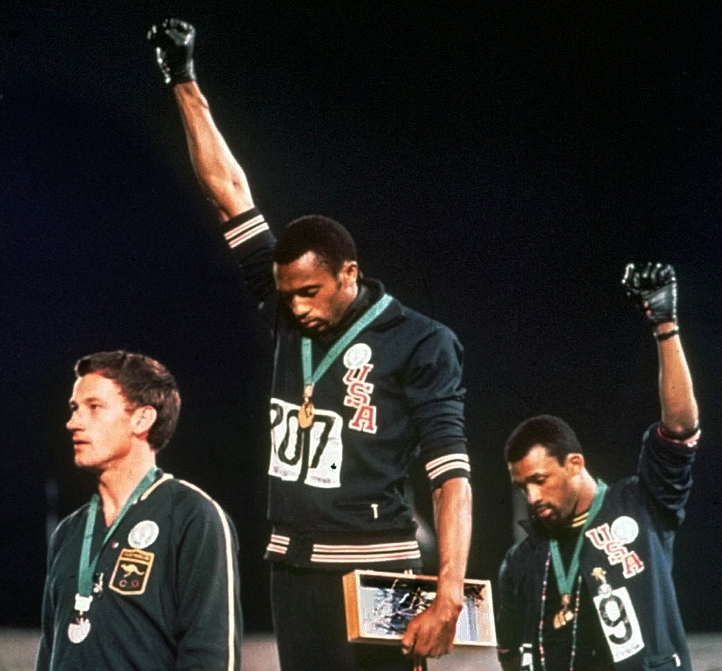 Peter Norman, Tommie Smith and John Carlos protest on the podium in Mexico City in 1968. Photo: AP