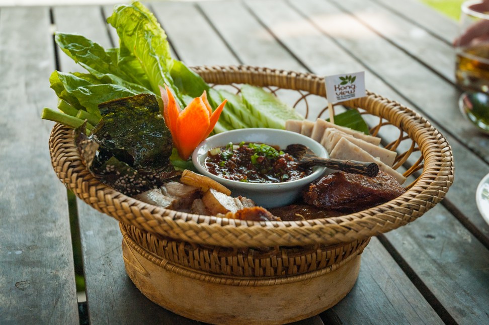 A Laotian starter selection at Kong View restaurant, by the Mekong in Vientiane, including Luang Prabang sausage and riverweed