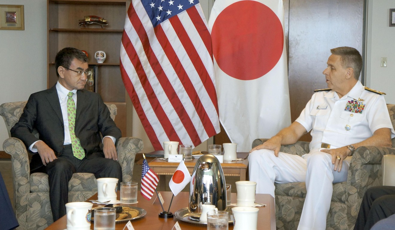 Japanese Defence Minister Taro Kono meets Admiral Philip Davidson, who heads the US Indo-Pacific Command, on the Hawaiian island of Oahu on Monday. Photo: Kyodo