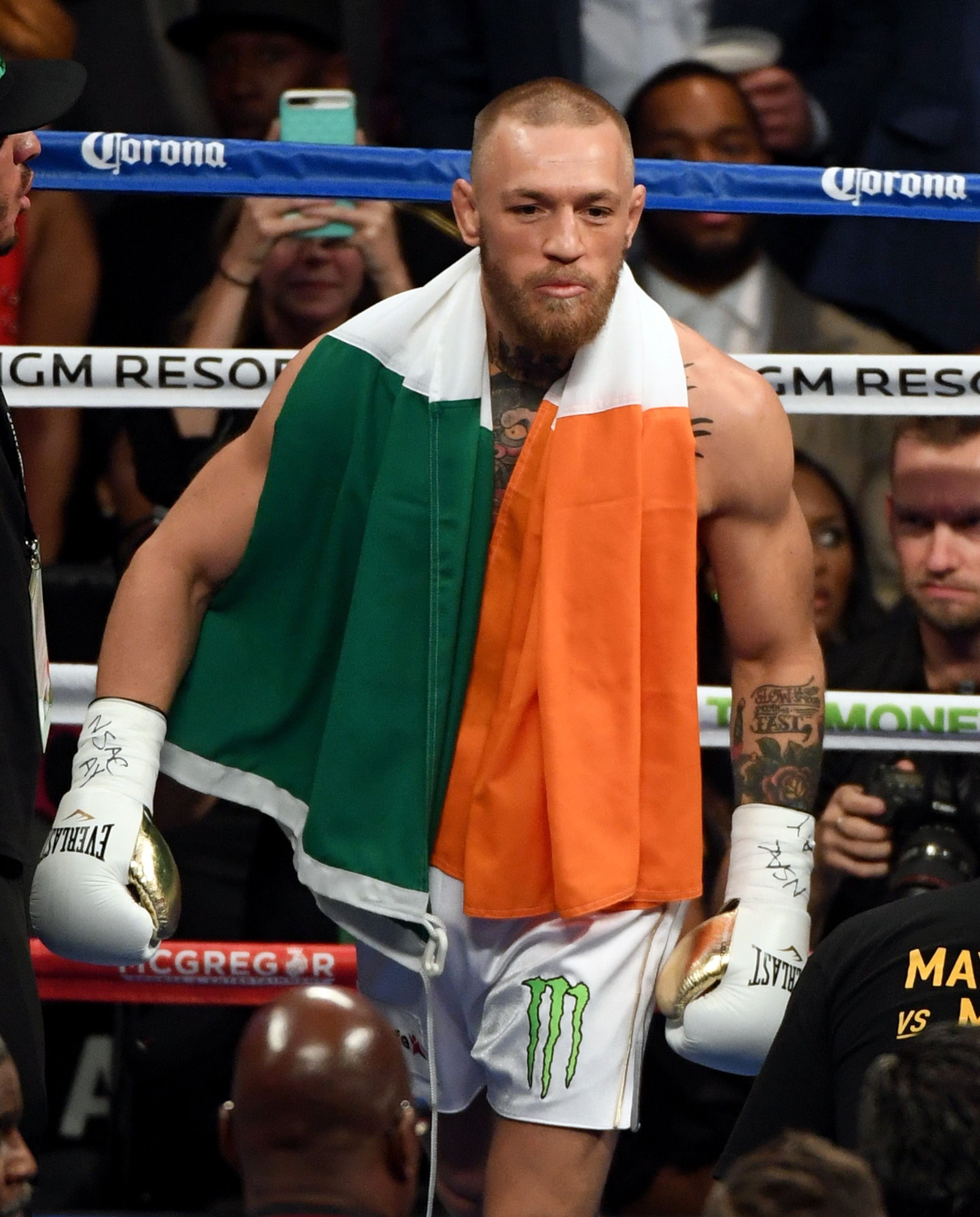 Conor McGregor enters the ring in his super welterweight boxing match against Floyd Mayweather in 2017. Photo: AFP
