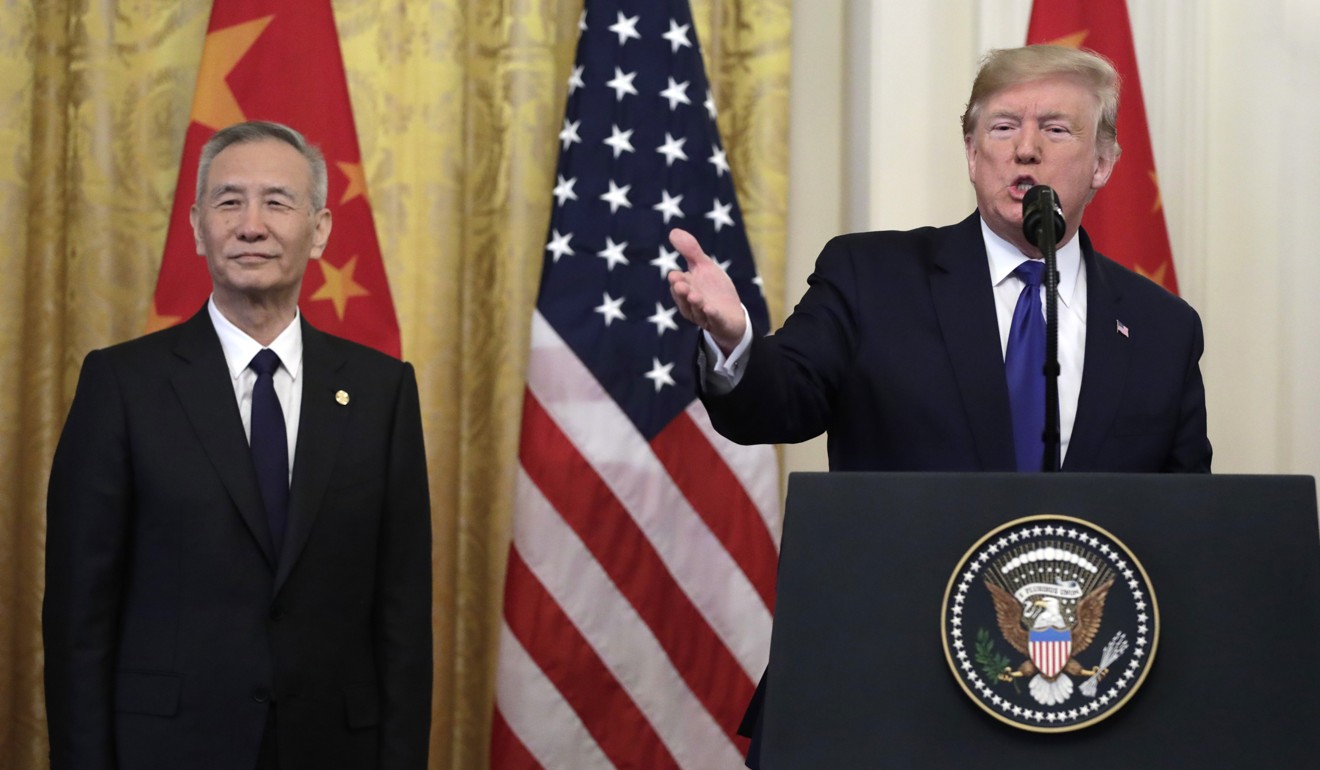 US President Donald Trump speaking next to Chinese Vice-Premier Liu He before signing a “phase one” trade deal at the White House on Wednesday. Photo: Abaca Press via TNS
