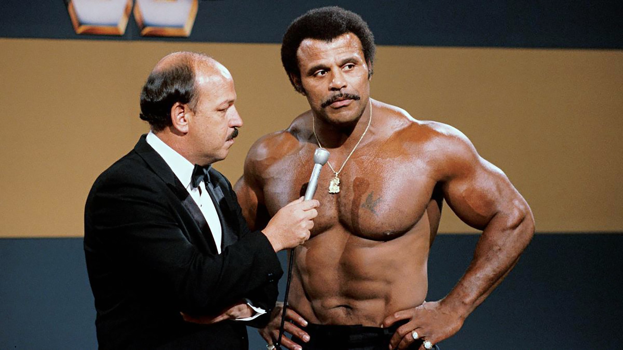 ‘Mean’ Gene Okerlund interviews Rocky ‘Soul Man’ Johnson. Johnson, a WWE Hall of Fame wrestler who became better known as the father of Dwayne ‘The Rock’ Johnson, died on Wednesday. Photo: AP
