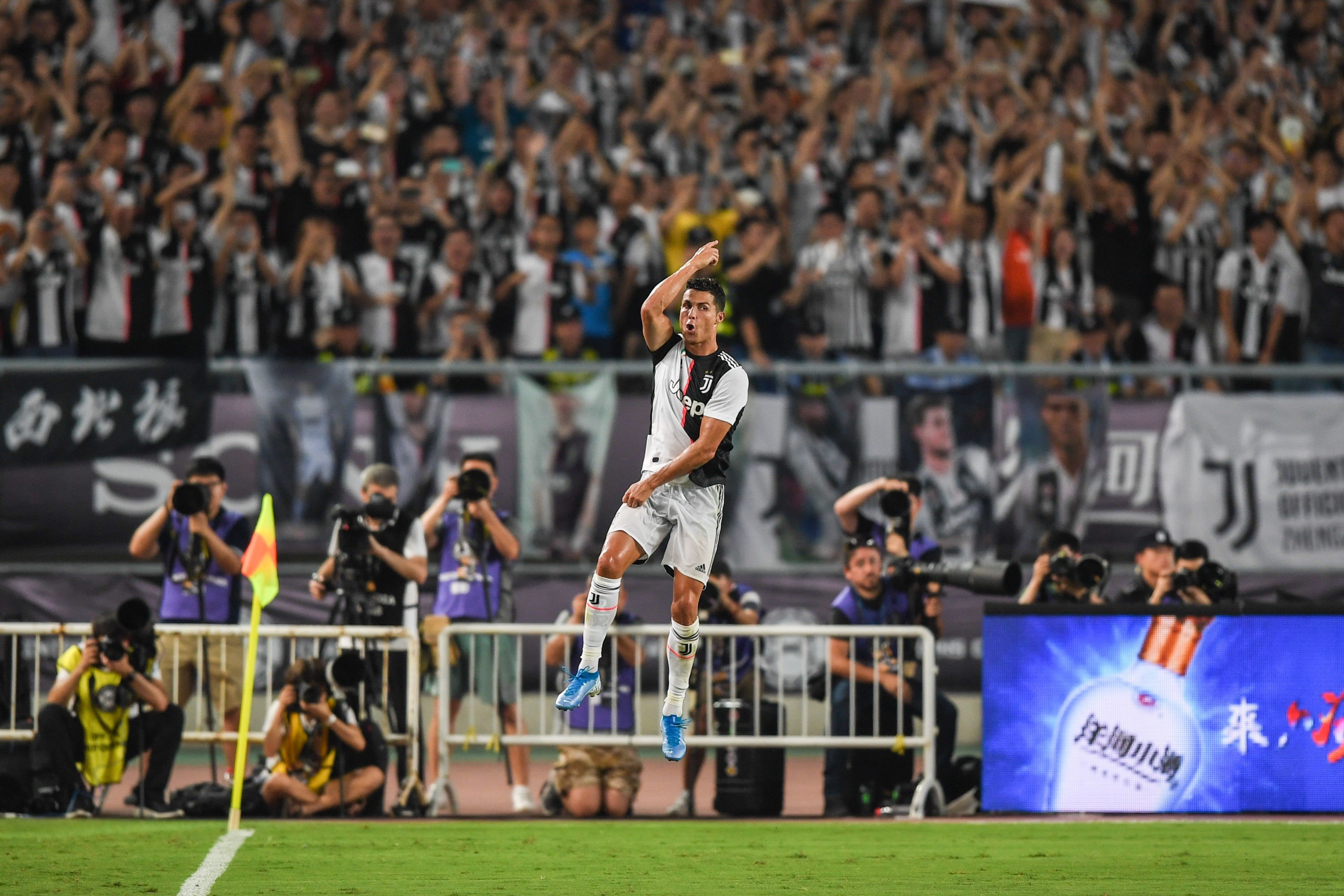 Cristiano Ronaldo of Juventus celebrates scoring during the 2019 International Champions Cup match between Juventus and Inter Milan in Nanjing. Photo: Xinhua