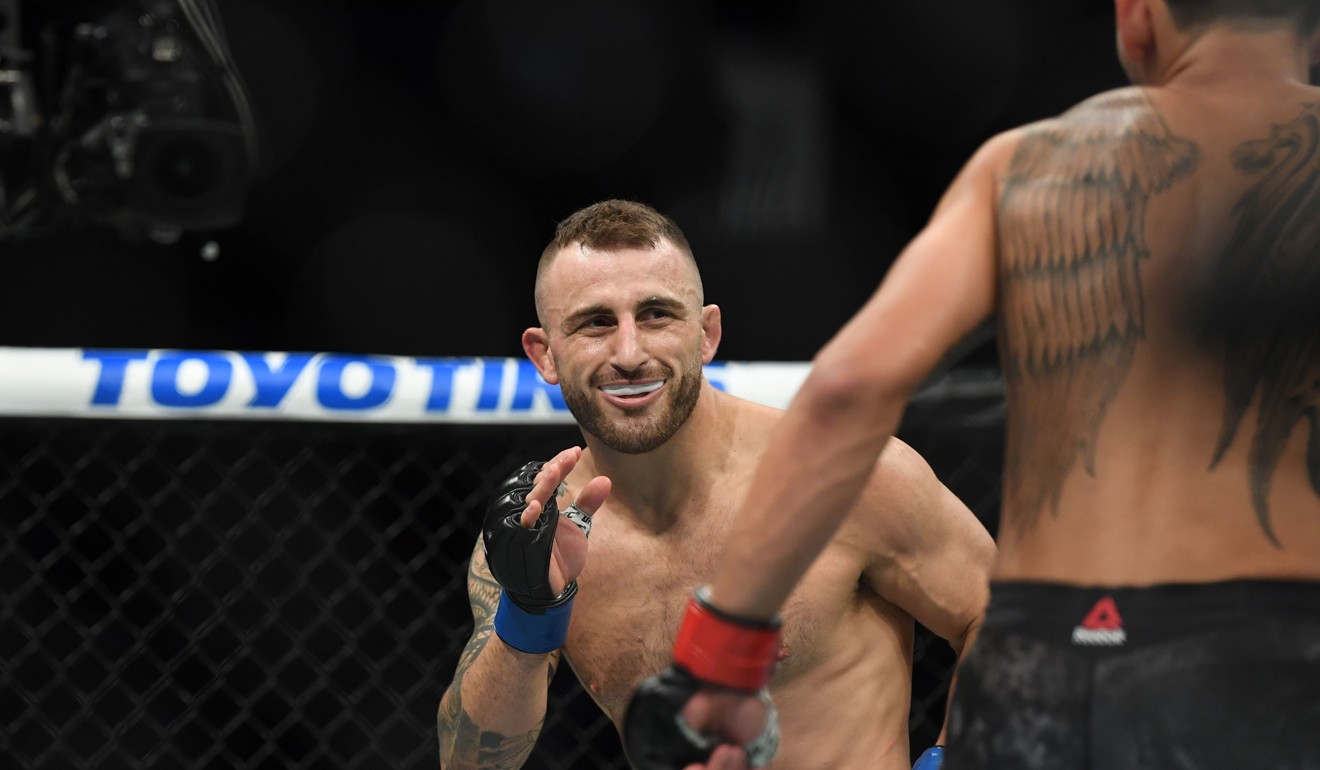 Volkanovski enjoys a moment during his title fight against Holloway at UFC 245. Photo: USA Today