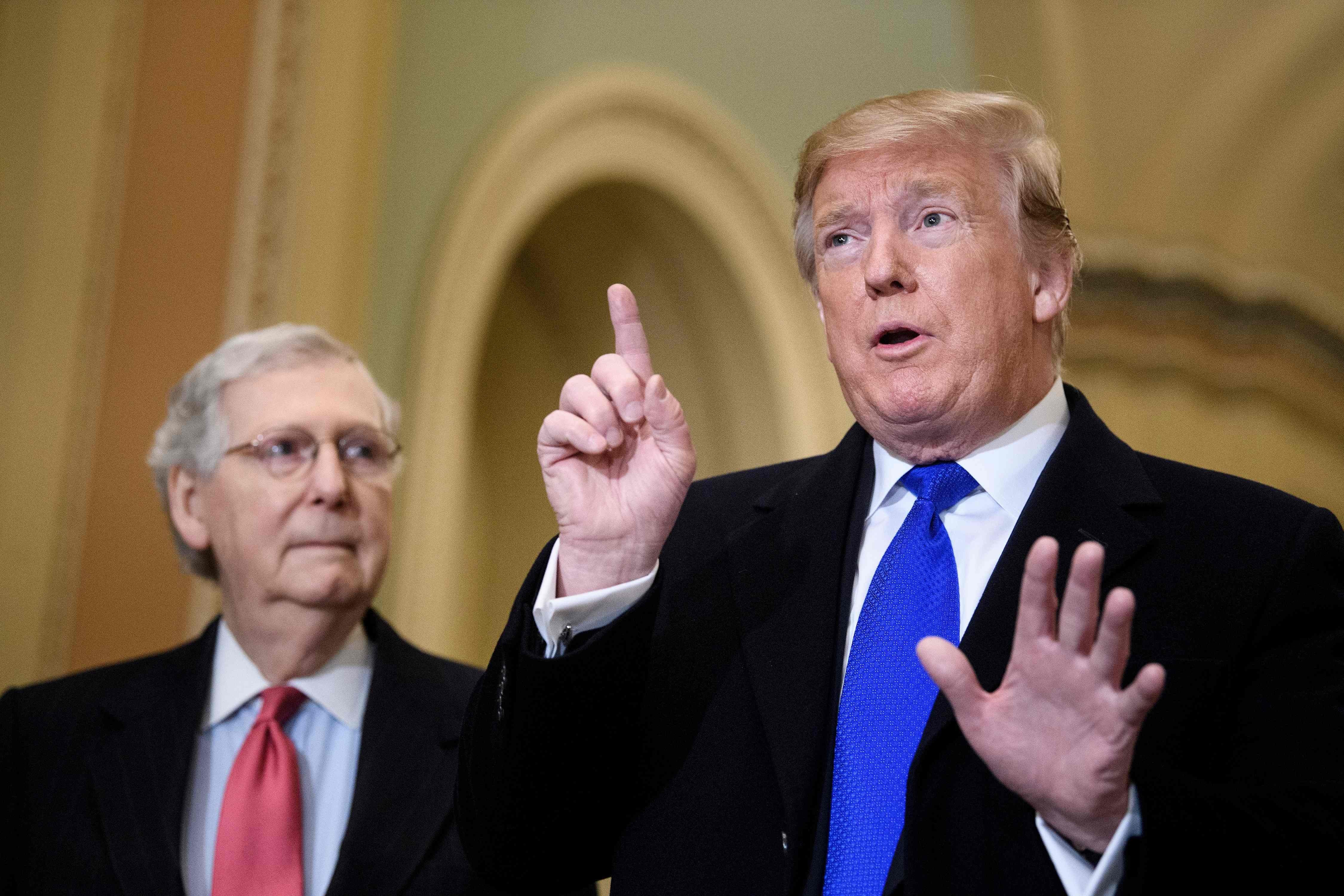 Senate majority leader Senator Mitch McConnell (left) listens while US President Donald Trump speaks to reporters before a meeting with Senate Republicans on Capitol Hill in Washington in March 2019. Photo: AFP