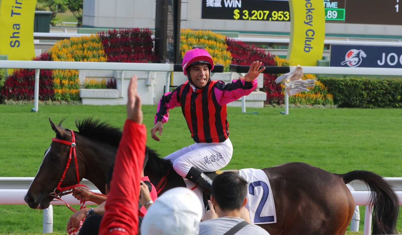 Joao Moreira celebrates winning on Waikuku at Sha Tin.