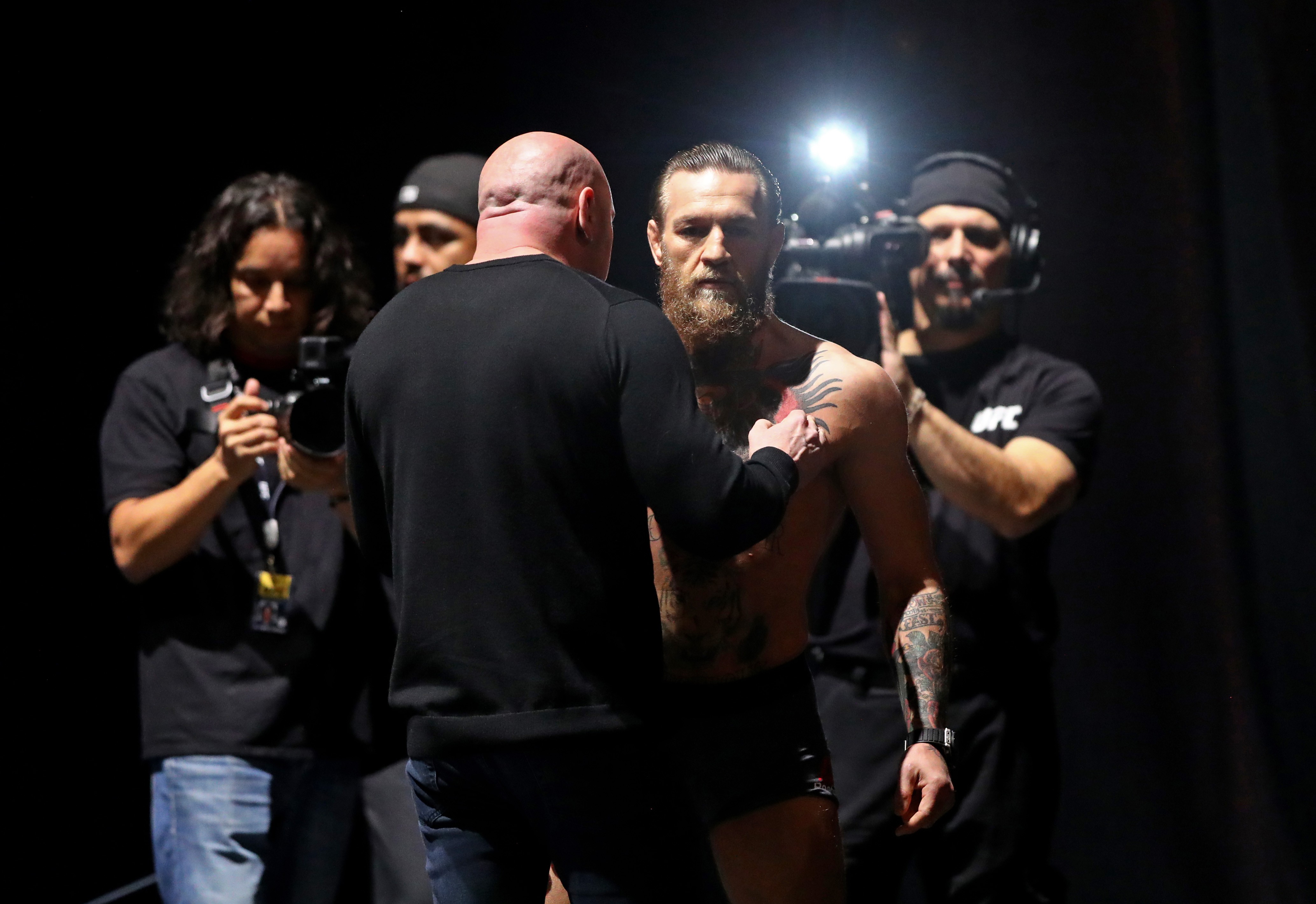 UFC president Dana White (left) talks with Conor McGregor during the weigh-ins for UFC 246. Photo: USA TODAY Sports