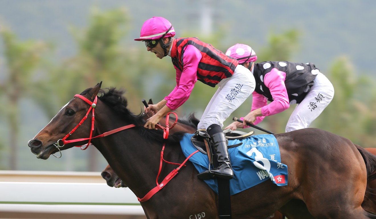 Joao Moreira celebrates his win on Waikuku at Sha Tin.