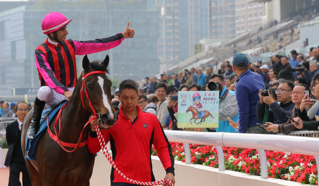 Joao Moreira returns on Waikuku after winning the Stewards’ Cup at Sha Tin.