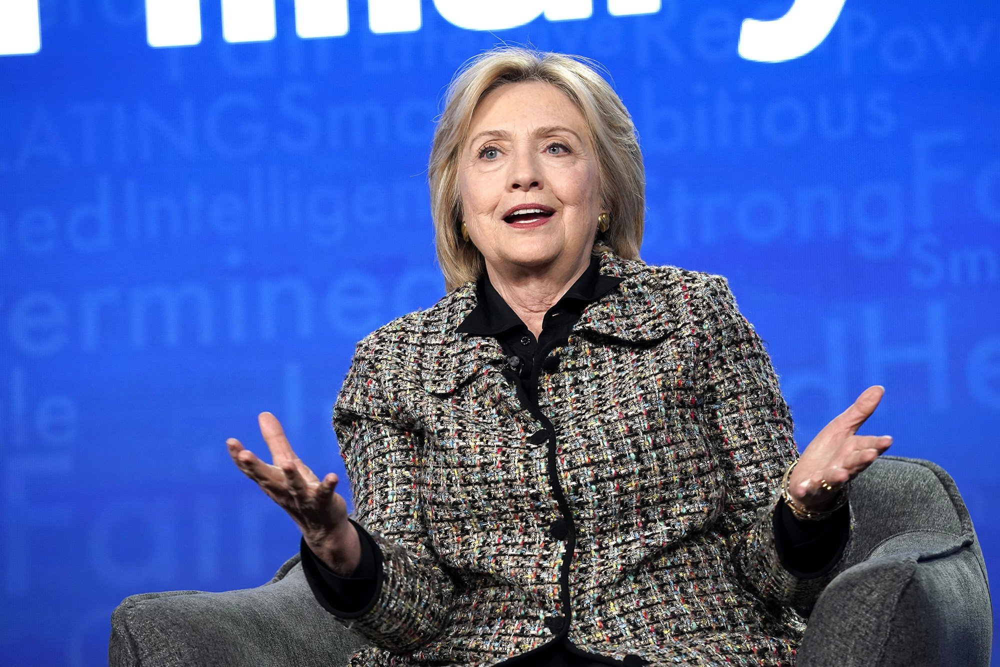 Hillary Clinton, speaking during the Hulu Panel at Winter TCA 2020 in Pasadena, California, on Friday. Photo: TNS