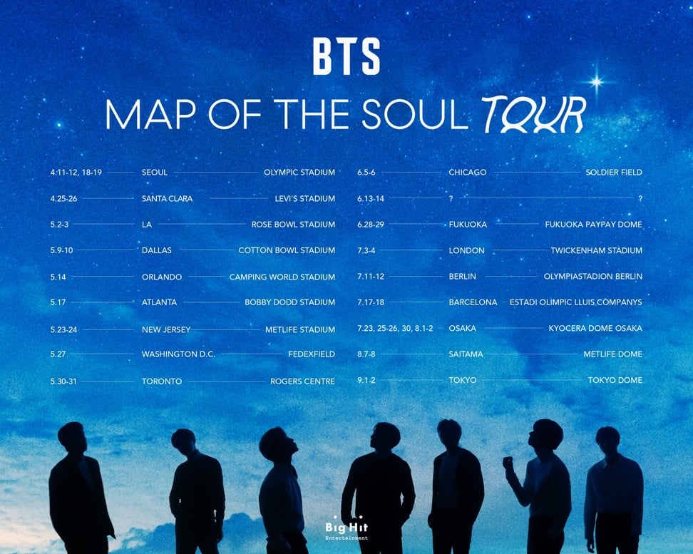 The BTS 2020 world tour schedule released by Big Hit Entertainment.