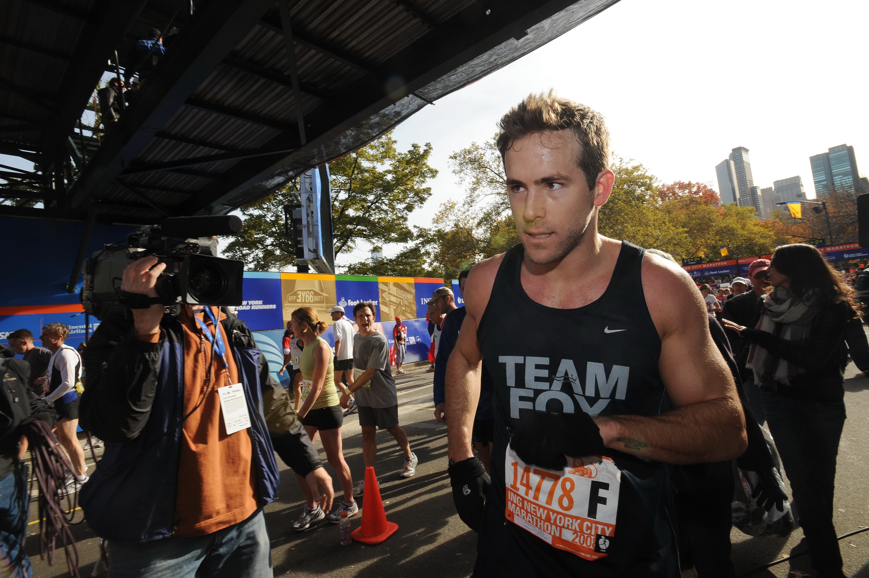 Actor Ryan Reynolds crosses the finish line at the 2008 New York City Marathon, which he completed in three hours and 50 minutes. Photo: NY Daily News Archive