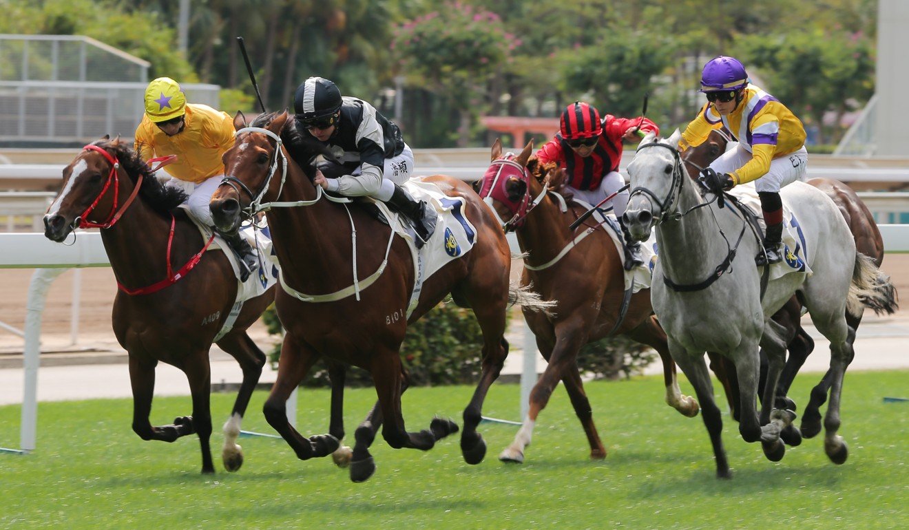 Exultant (centre) holds off his rivals to win at Sha Tin on Monday.