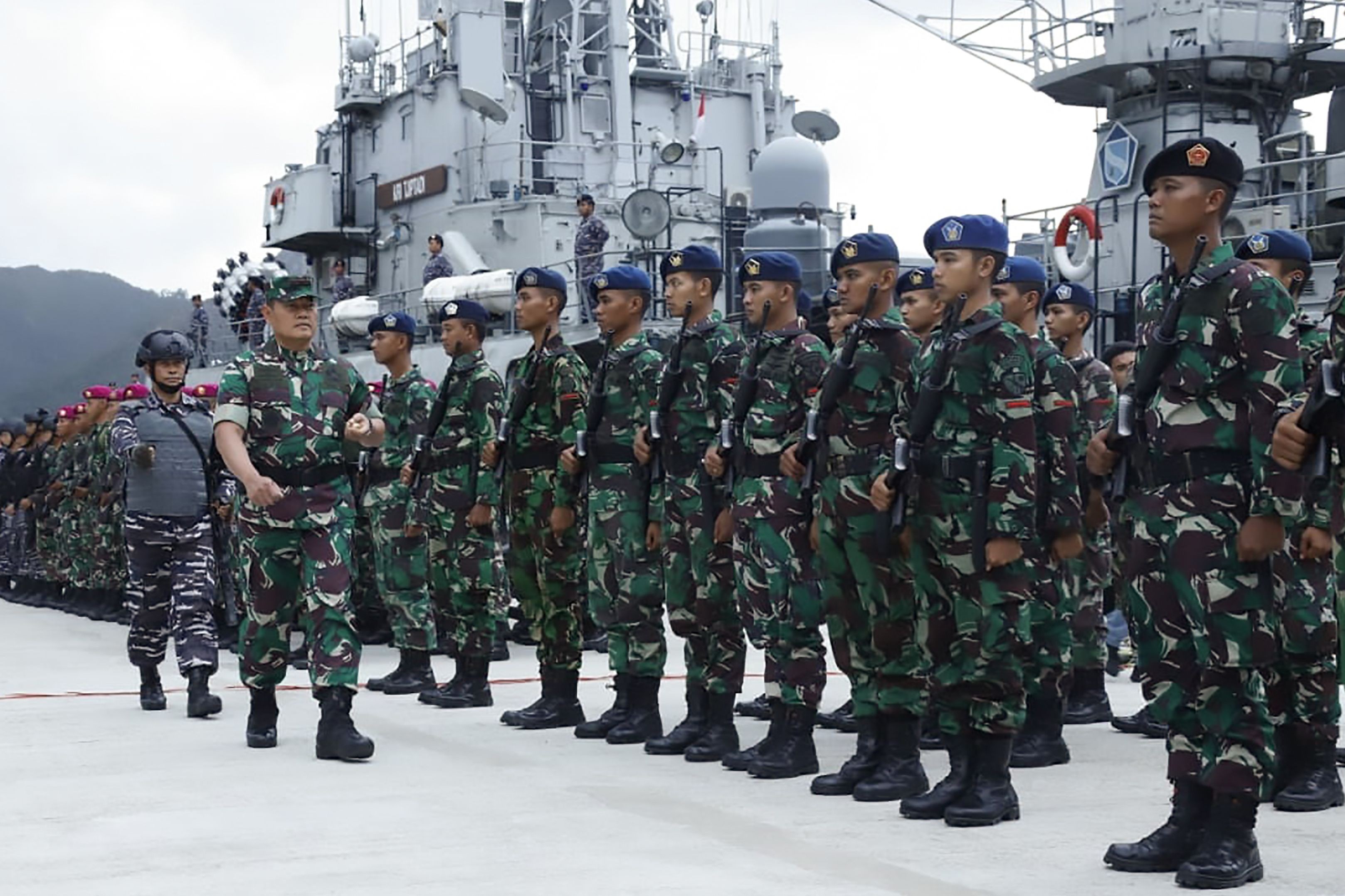 Indonesian troops undergo inspection at Natuna military base in the Riau islands. Photo: Handout