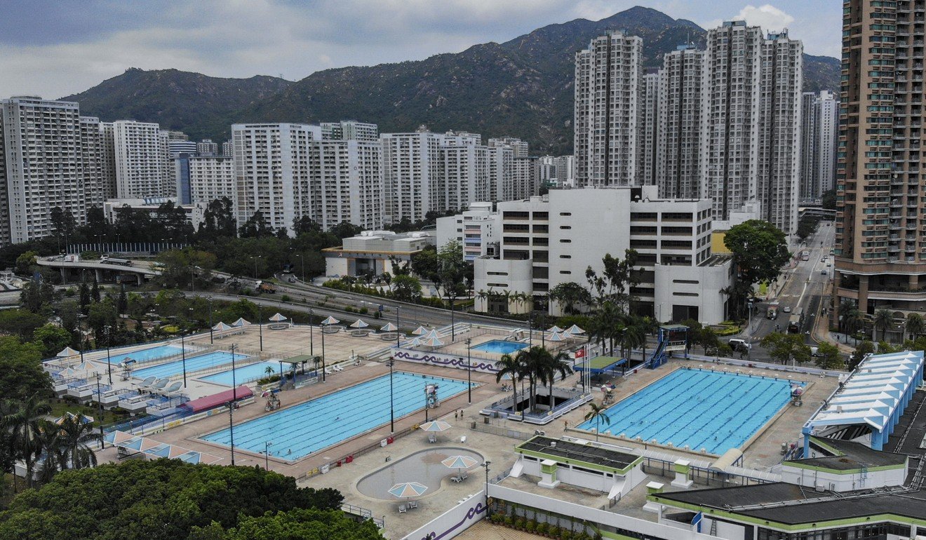 Aerial view of the Tuen Mun Swimming Pool. The Leisure and Cultural Services Department has announced the shutting down of all sports centres, public swimming pools, museums, and libraries from Tuesday until further notice. Photo: Roy Issa