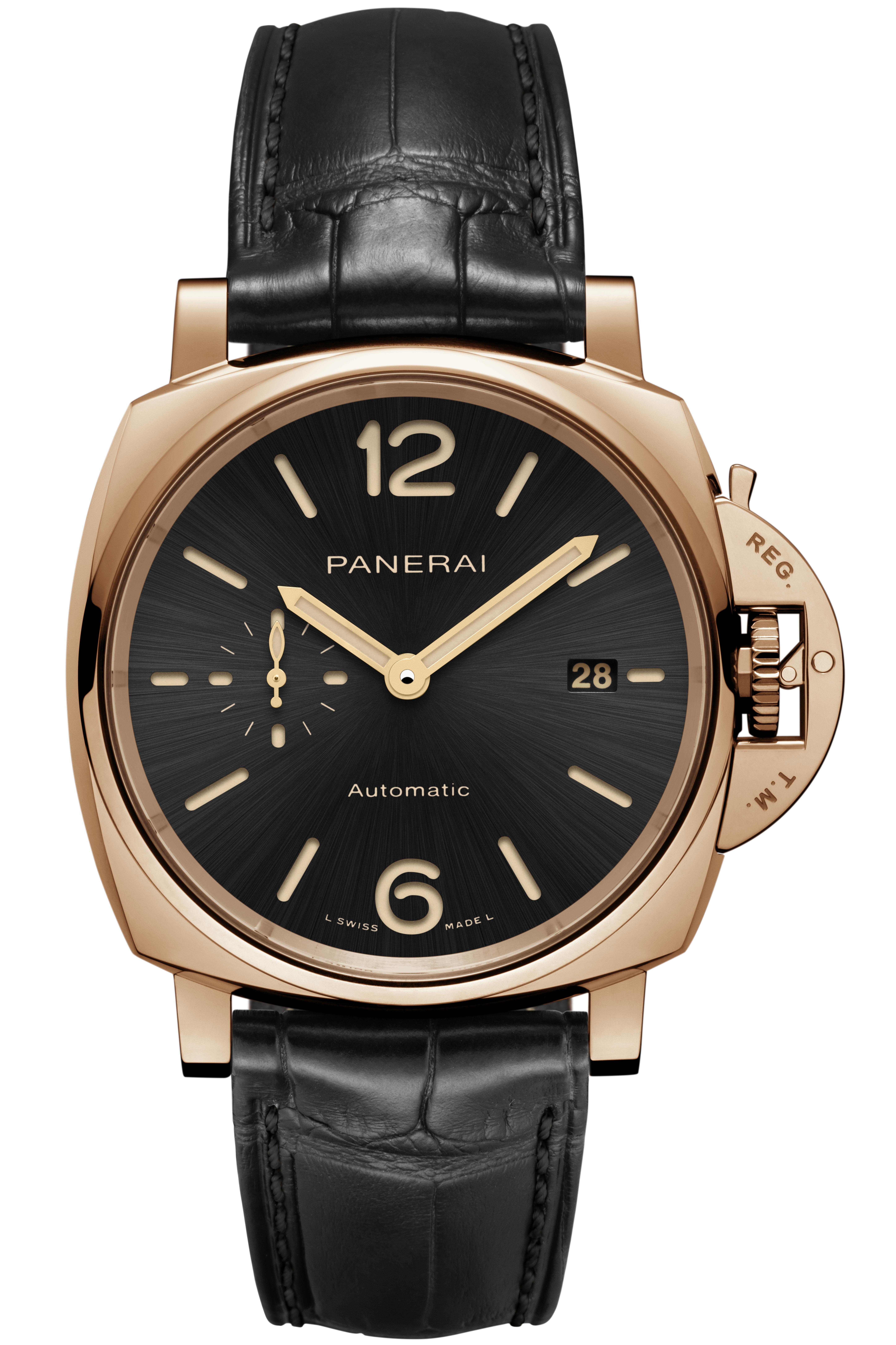 The Panerai Luminor Due Goldtech PAM01041 has a sandwich dial with cut-out numerals. Photo: Panerai