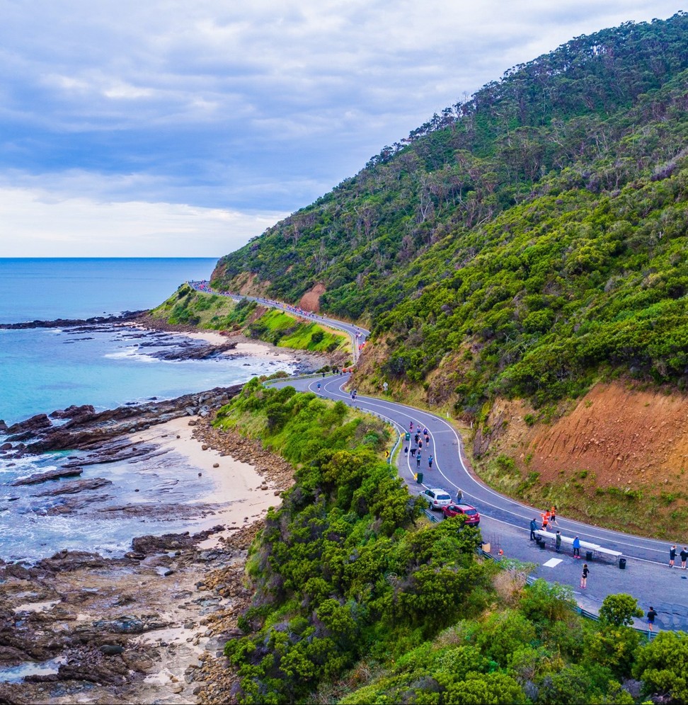 Runners take part in the Great Ocean Road Marathon in Victoria, Australia.