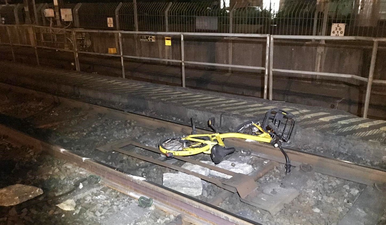 A bike thrown onto tracks between Fanling and Sheung Shui stations in a previous incident. Photo: Handout