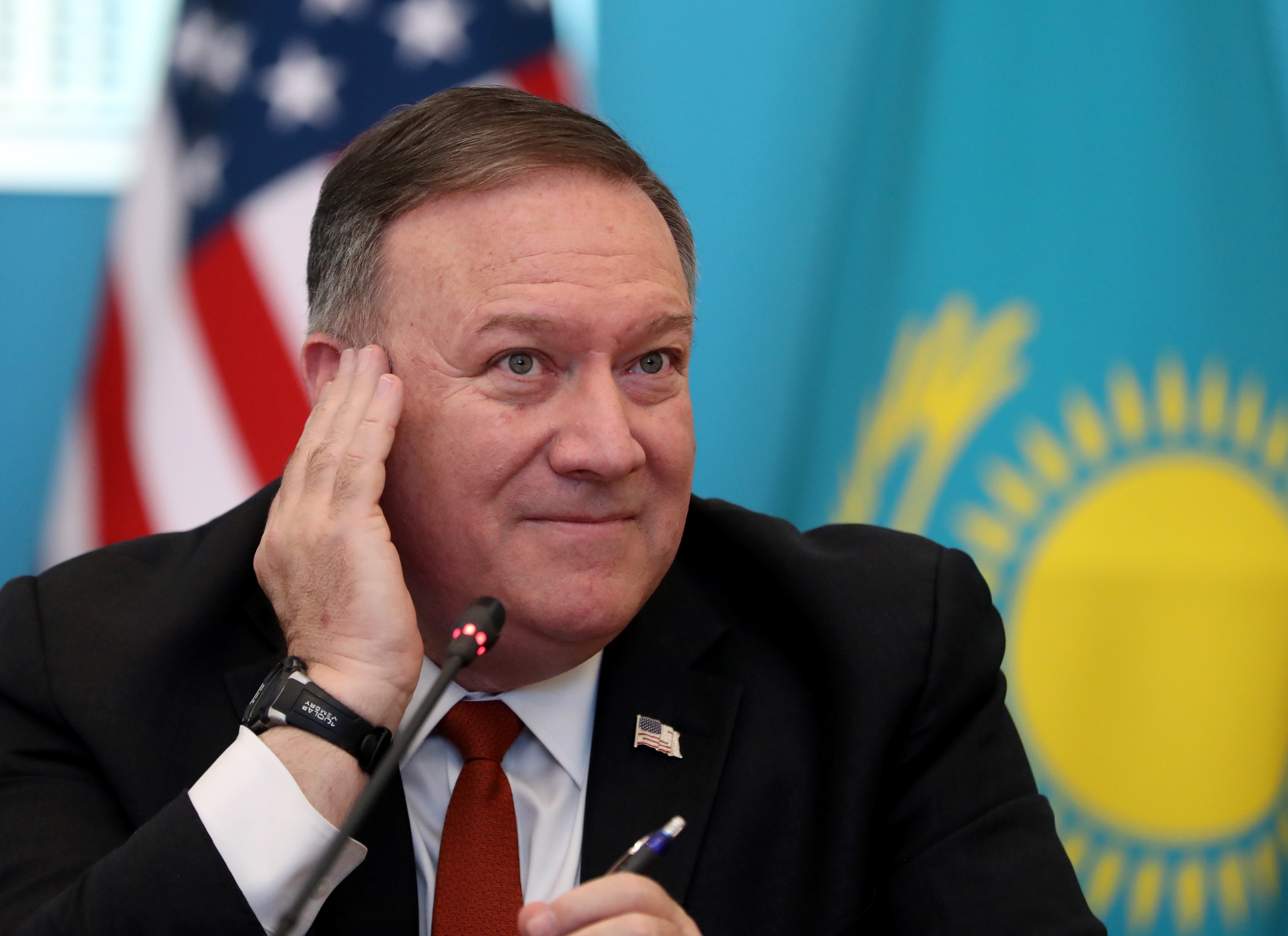US Secretary of State Mike Pompeo attends a joint press conference with Kazakh Foreign Minister Mukhtar Tleuberdi in Nur-Sultan, Kazakhstan, on February 2. Photo: EPA-EFE