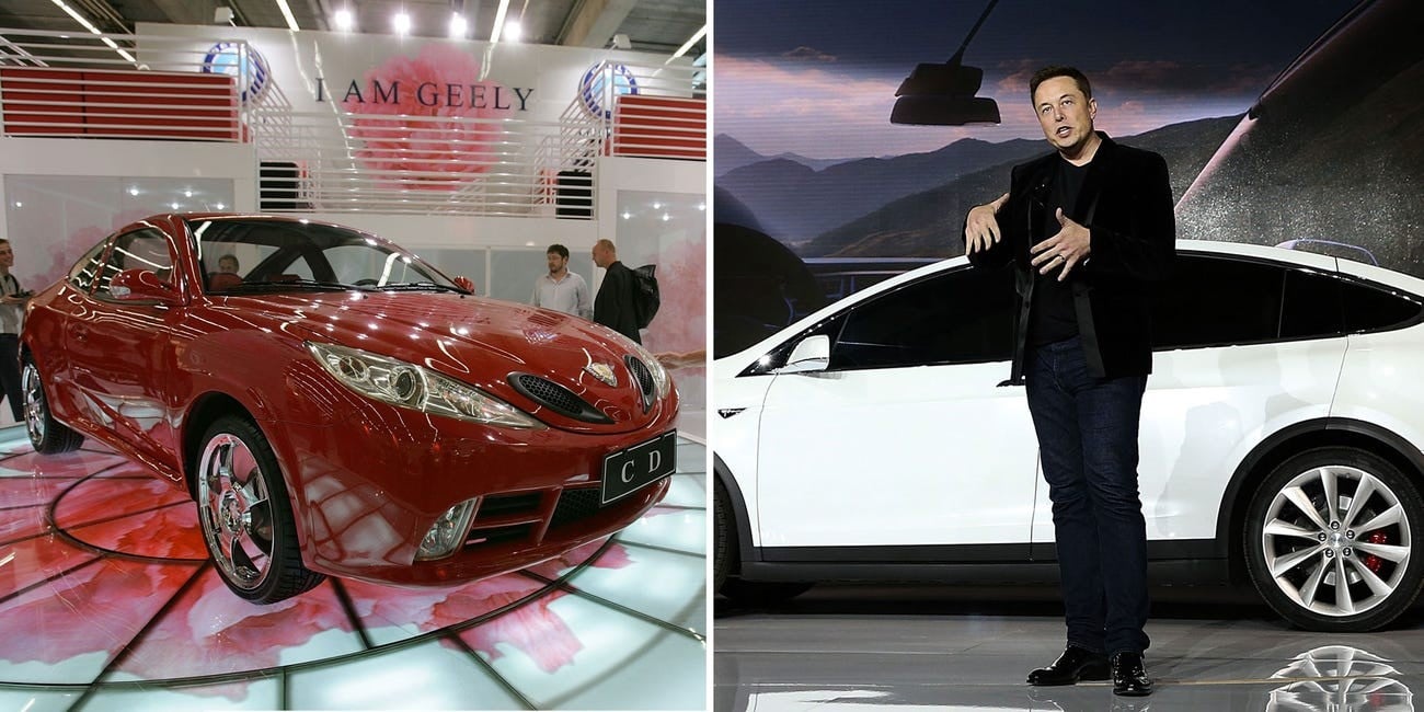 A Geely car (left) in Frankfurt in 2005, and Tesla CEO Elon Musk with a Tesla Model X in California in 2015. Photos: Getty Images/Business Insider.